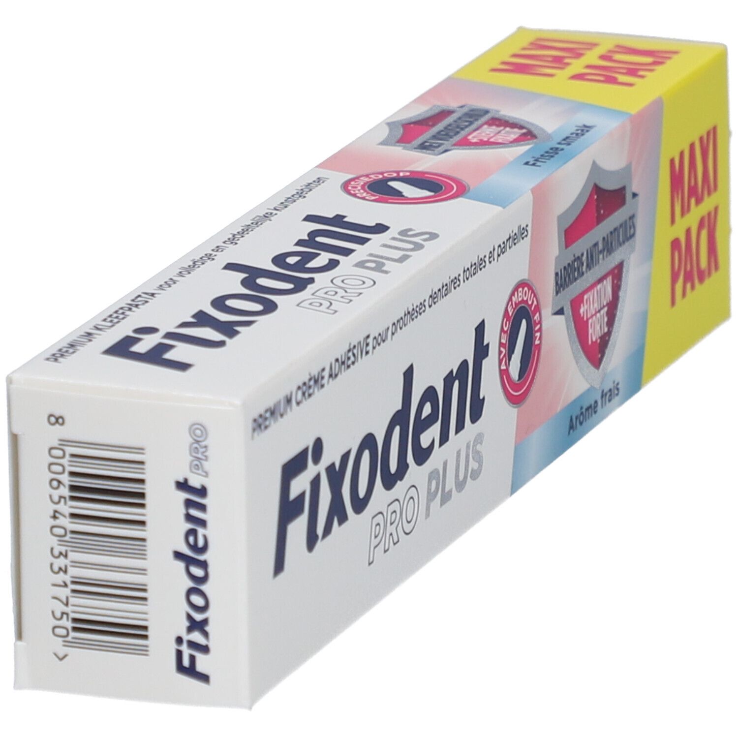 Emballage Fixodent Pro Plus. Blanc, bleu et jaune. Contient le nom du produit et un code-barres.