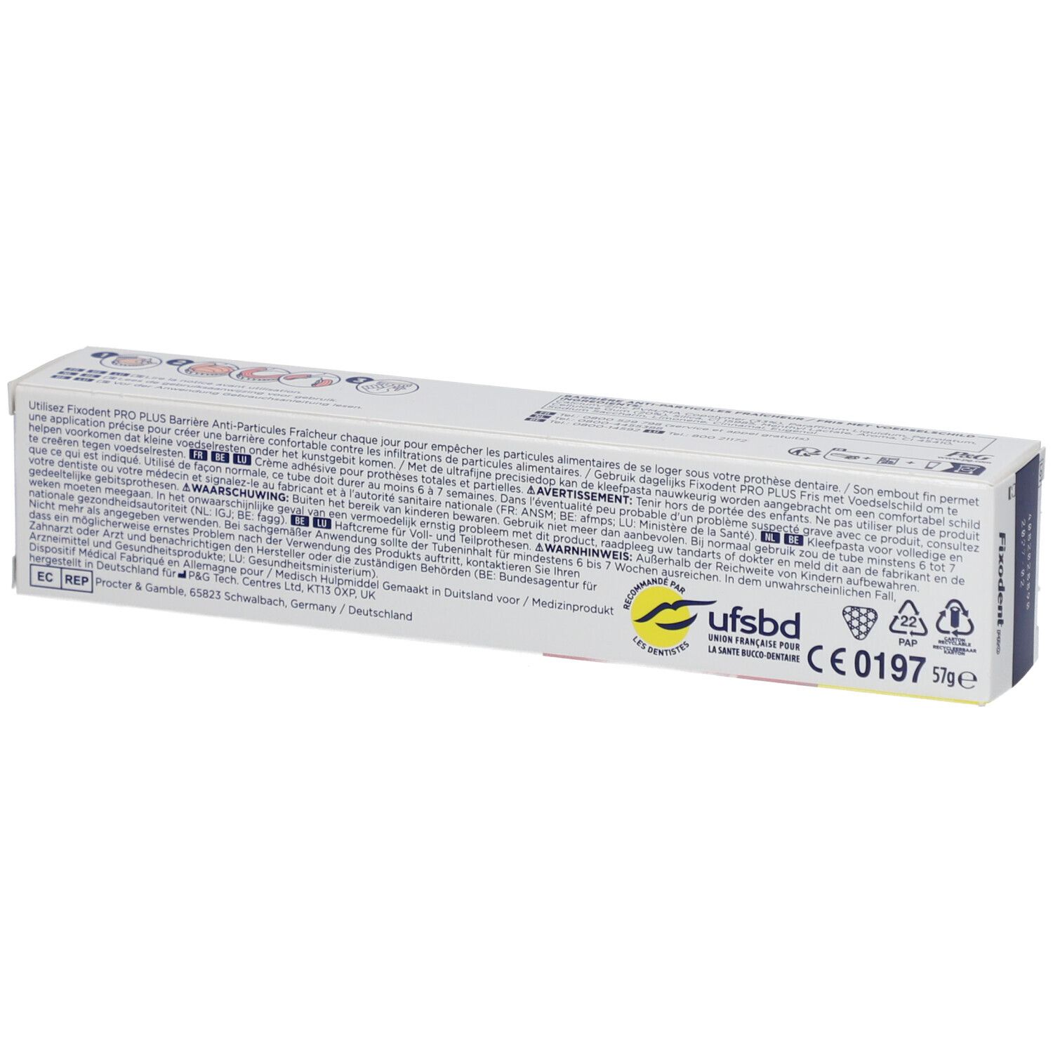 Dos de l'emballage Fixodent Pro Plus. Contient du texte, des symboles et le marquage CE.