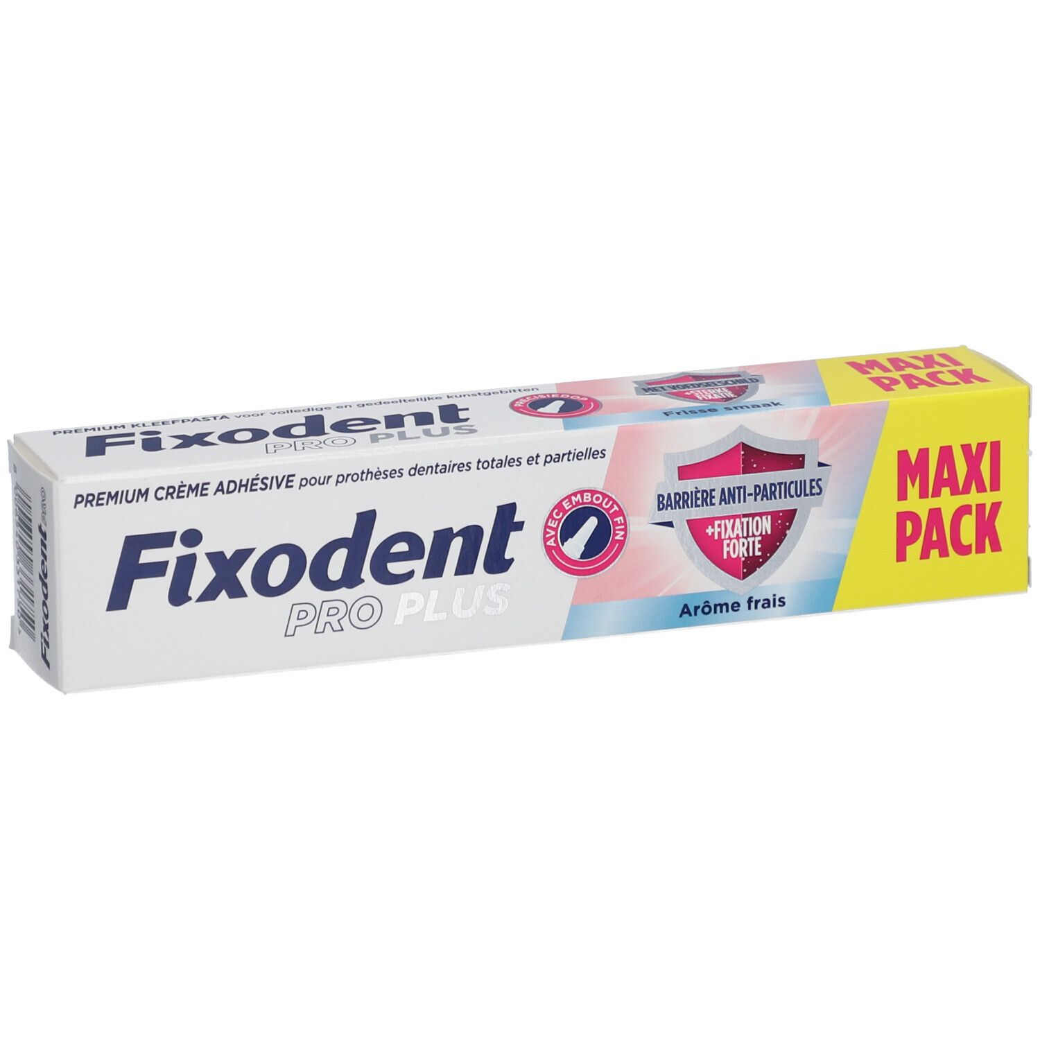 Emballage Fixodent Pro Plus. Blanc, bleu et jaune. Contient le nom du produit et "Maxi Pack".