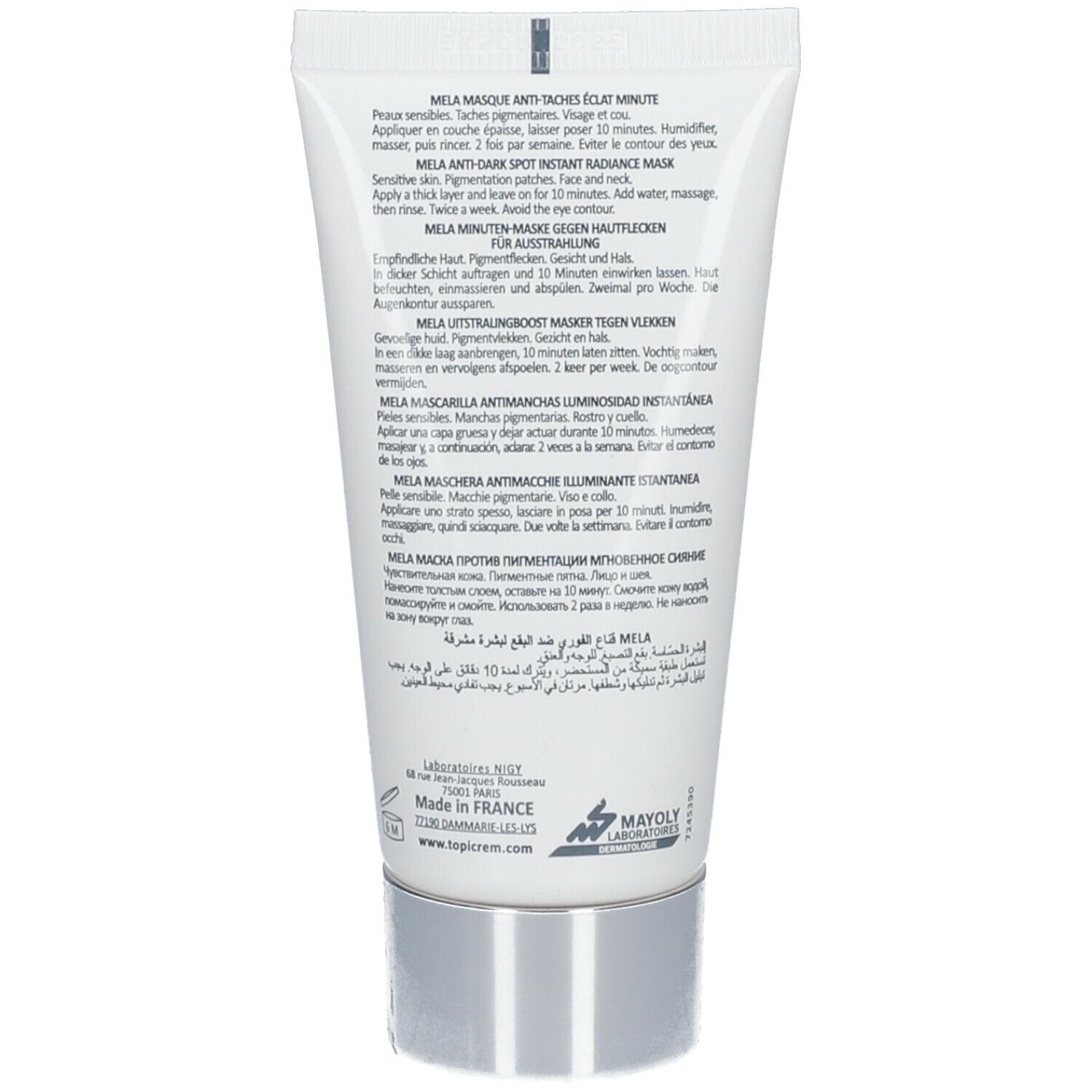 Rückseite der Tube. Text in Deutsch, Französisch, Italienisch, Niederländisch. Produktname: Mela Anti-Flecken-Maske.