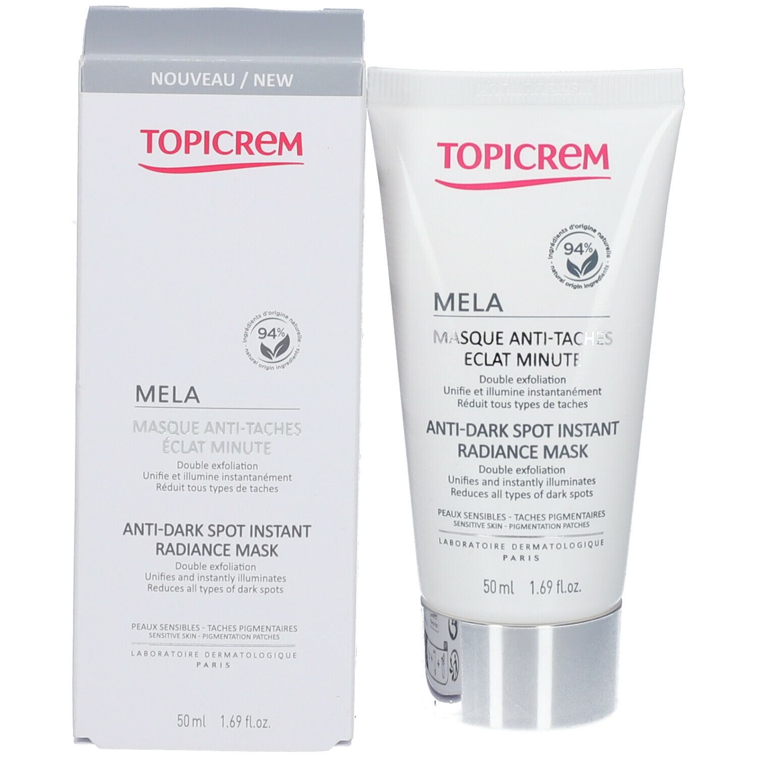 TOPICREM MELA Anti-Flecken-Maske und Verpackung. Weiße Tube und Schachtel. 94% natürliche Inhaltsstoffe.