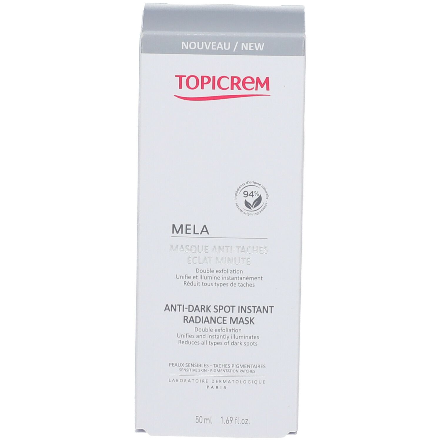 TOPICREM MELA Anti-Flecken-Maske in Verpackung. Weiße Schachtel mit Produktinformationen. 94% natürliche Inhaltsstoffe.
