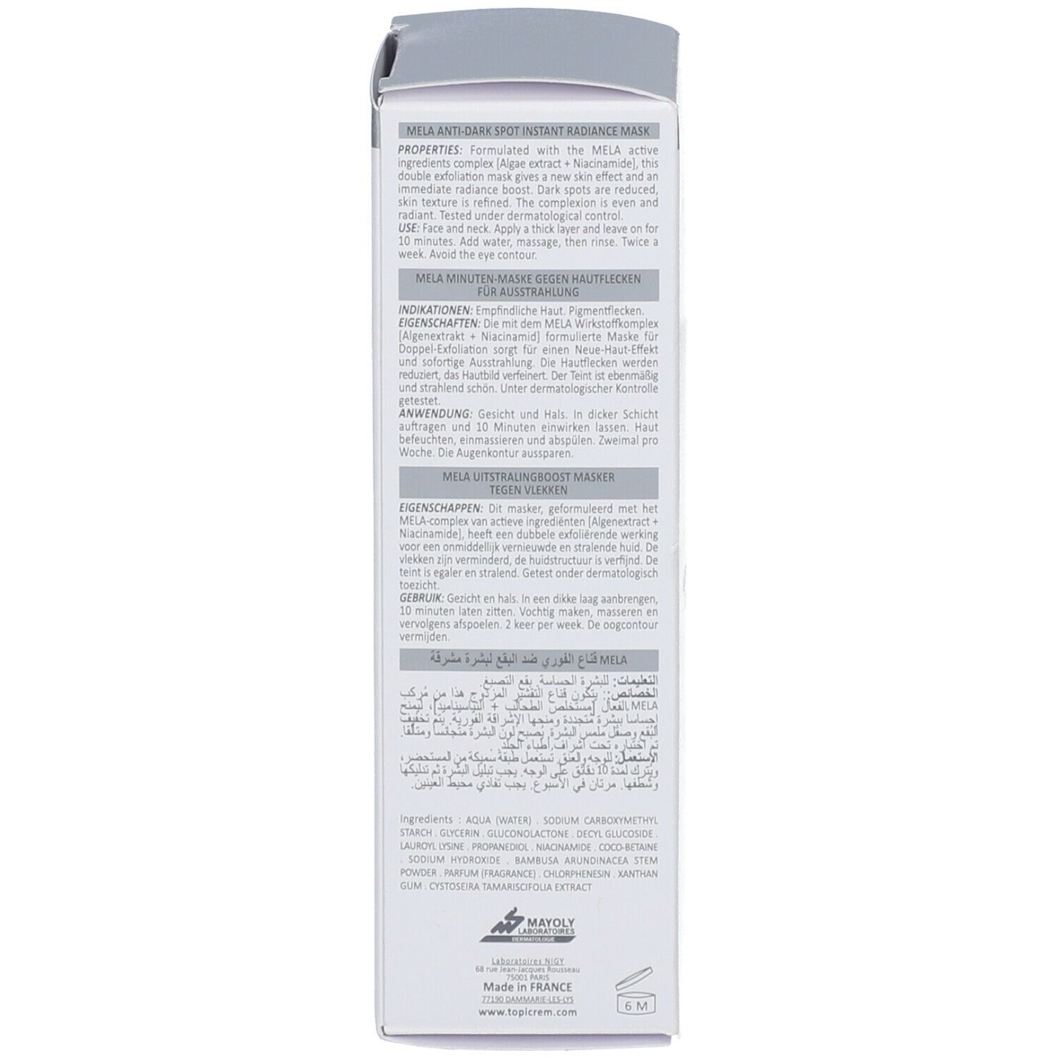 Rückseite der Verpackung. Text in Deutsch, Französisch, Italienisch, Niederländisch. Produktinformationen.