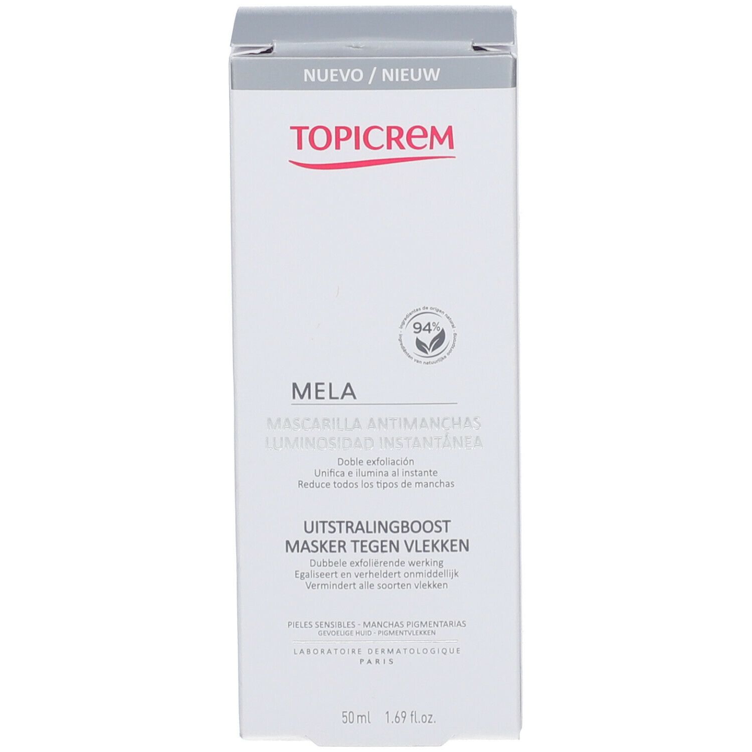 Verpackung der TOPICREM MELA Anti-Flecken-Maske. Weiße Schachtel mit Produktnamen und Informationen.