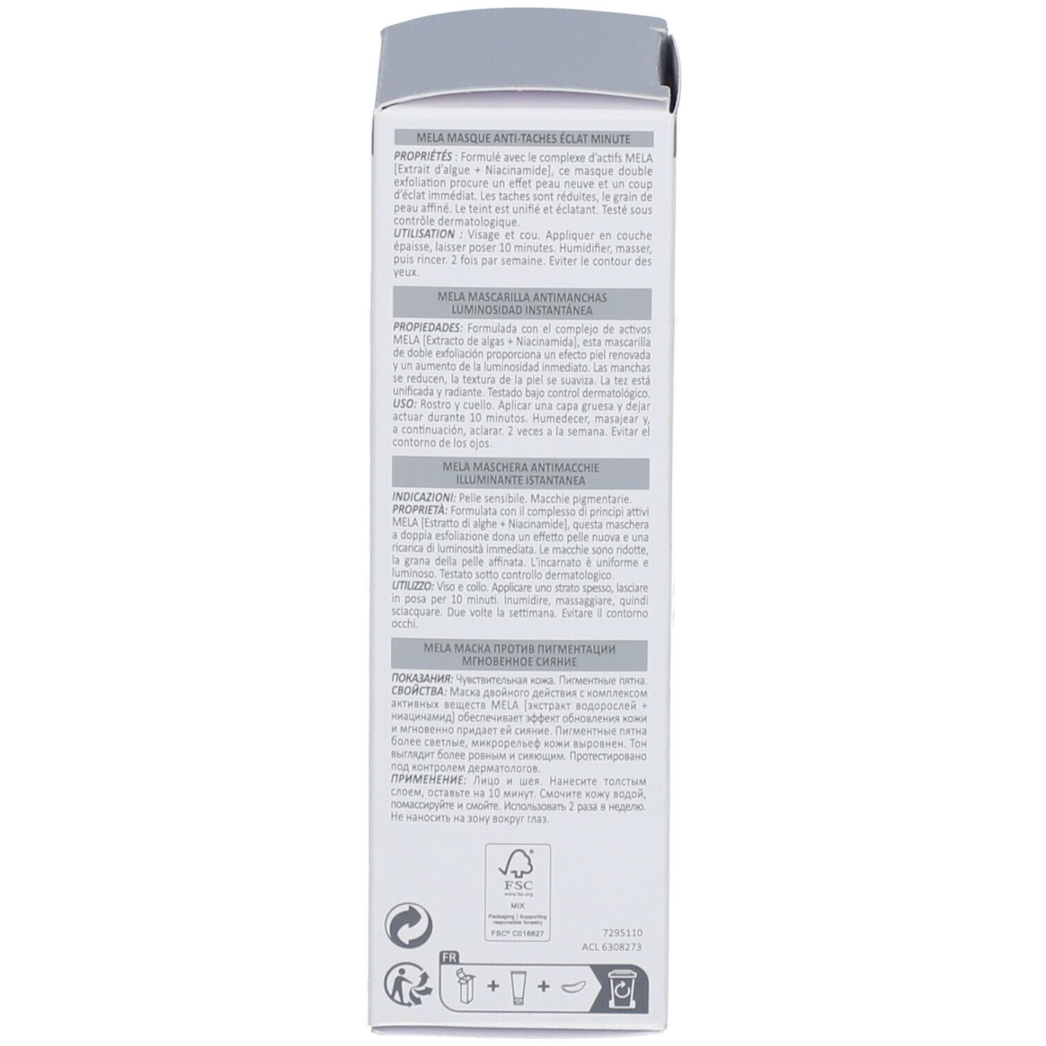 Rückseite der Verpackung. Text in Deutsch, Französisch, Italienisch, Niederländisch. Produktinformationen und Symbole.