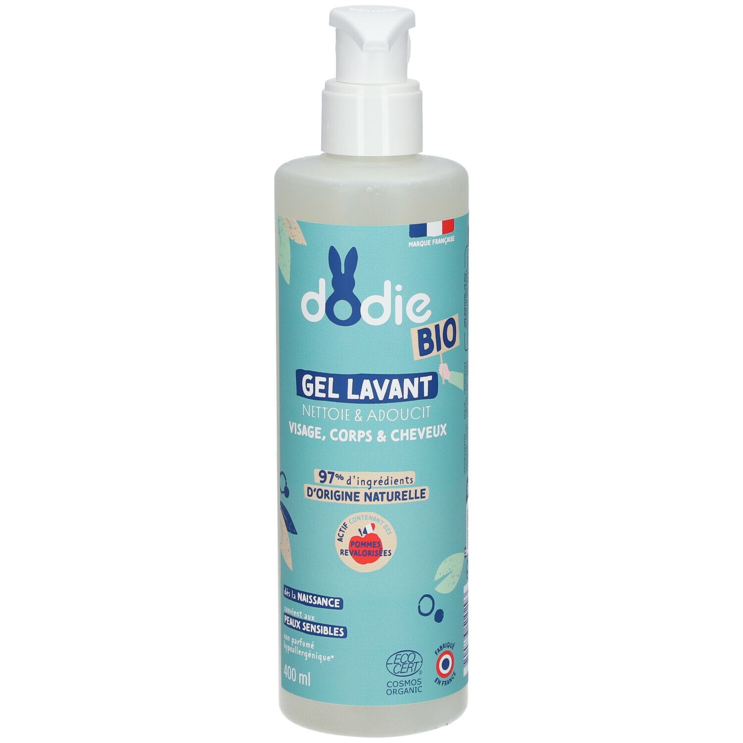Flacon de gel lavant Dodie Bio avec pompe. Emballage bleu clair avec informations et logo.