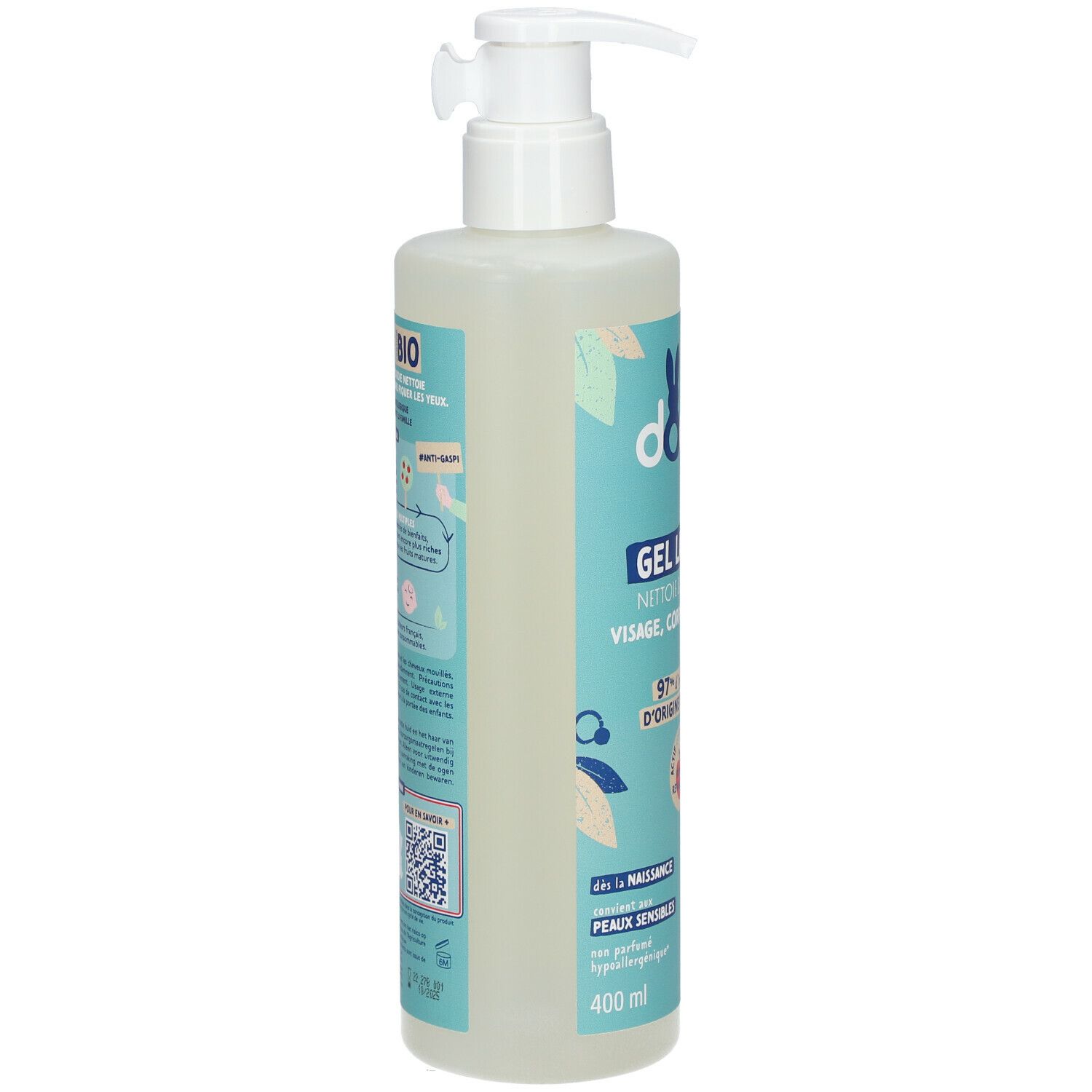 Flacon de gel lavant Dodie Bio, vue latérale. Emballage bleu clair avec informations et logo.