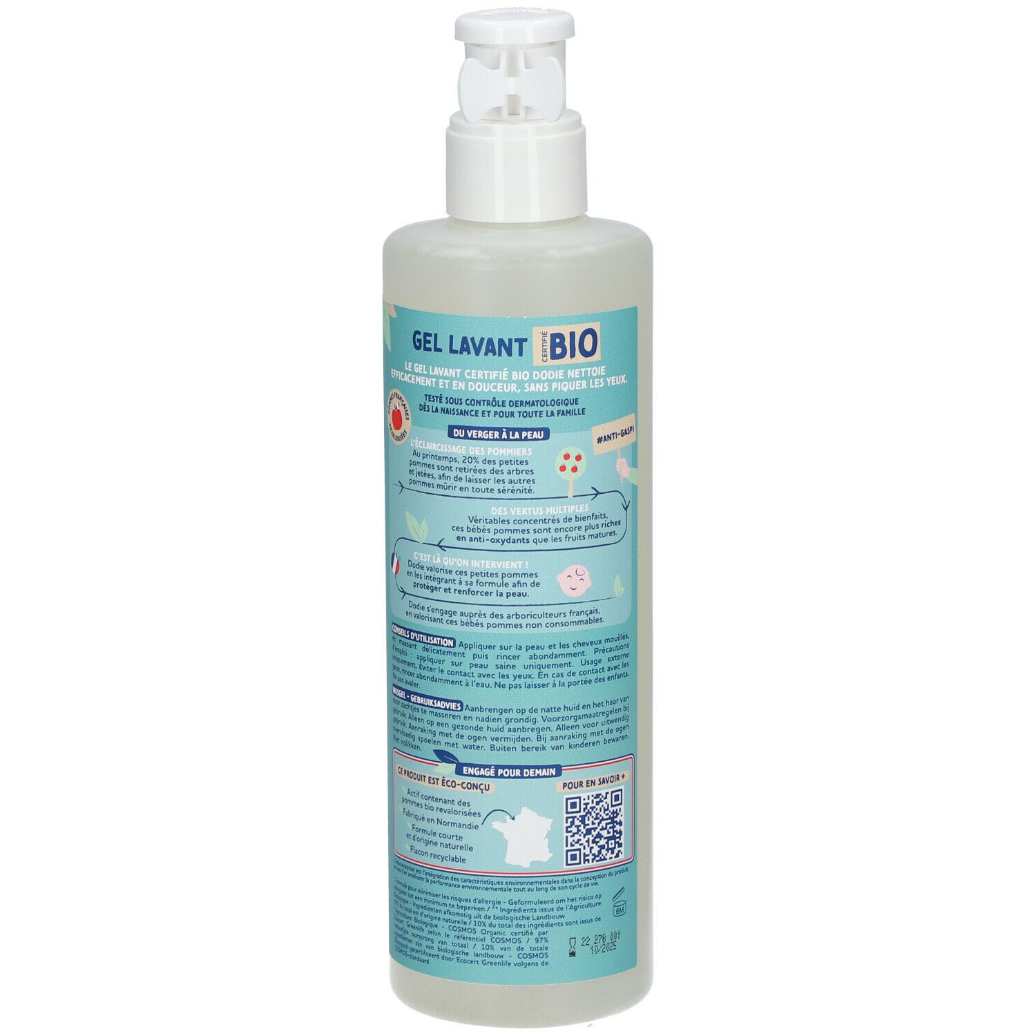 Dos du flacon de gel lavant Dodie Bio. Emballage bleu clair avec informations et logo.