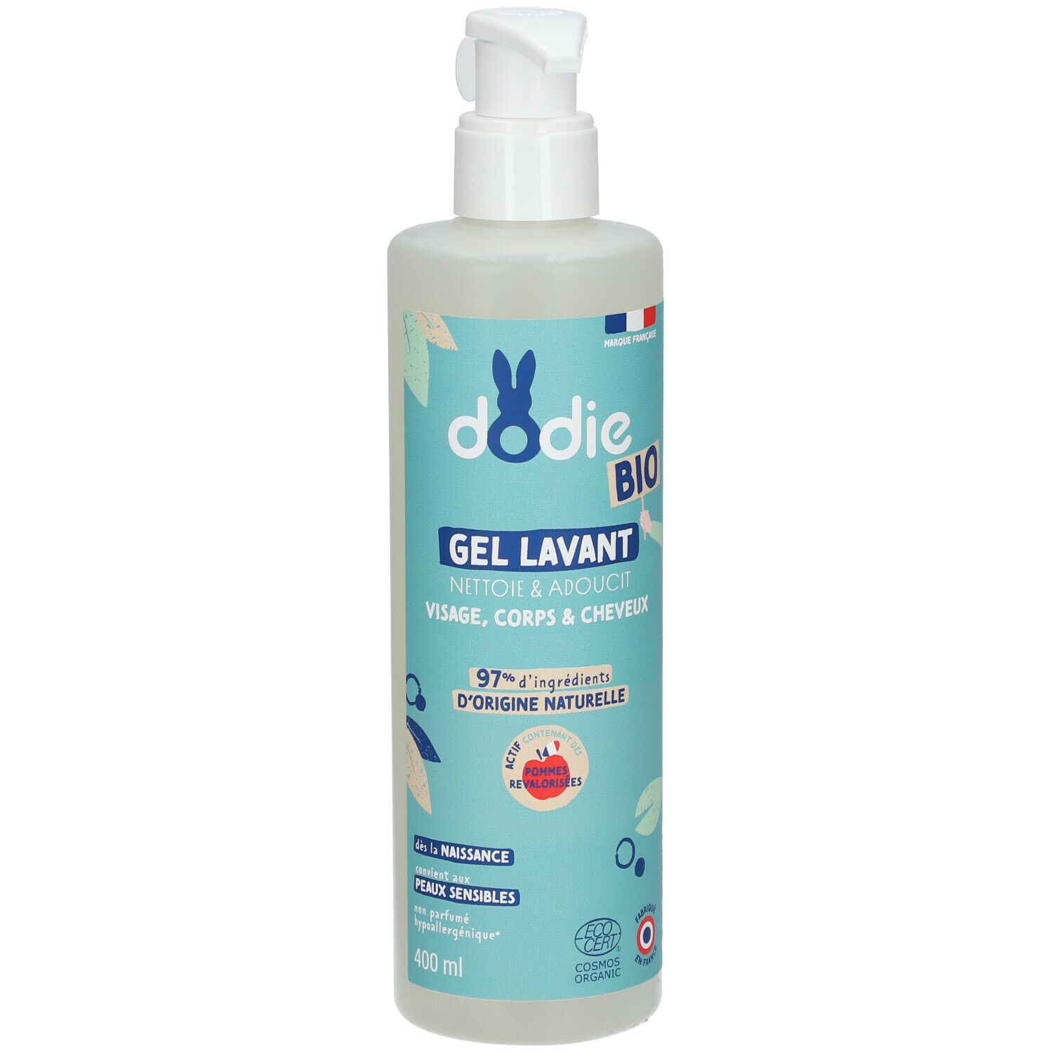Flacon de gel lavant Dodie Bio avec pompe. Emballage bleu clair avec informations et logo.