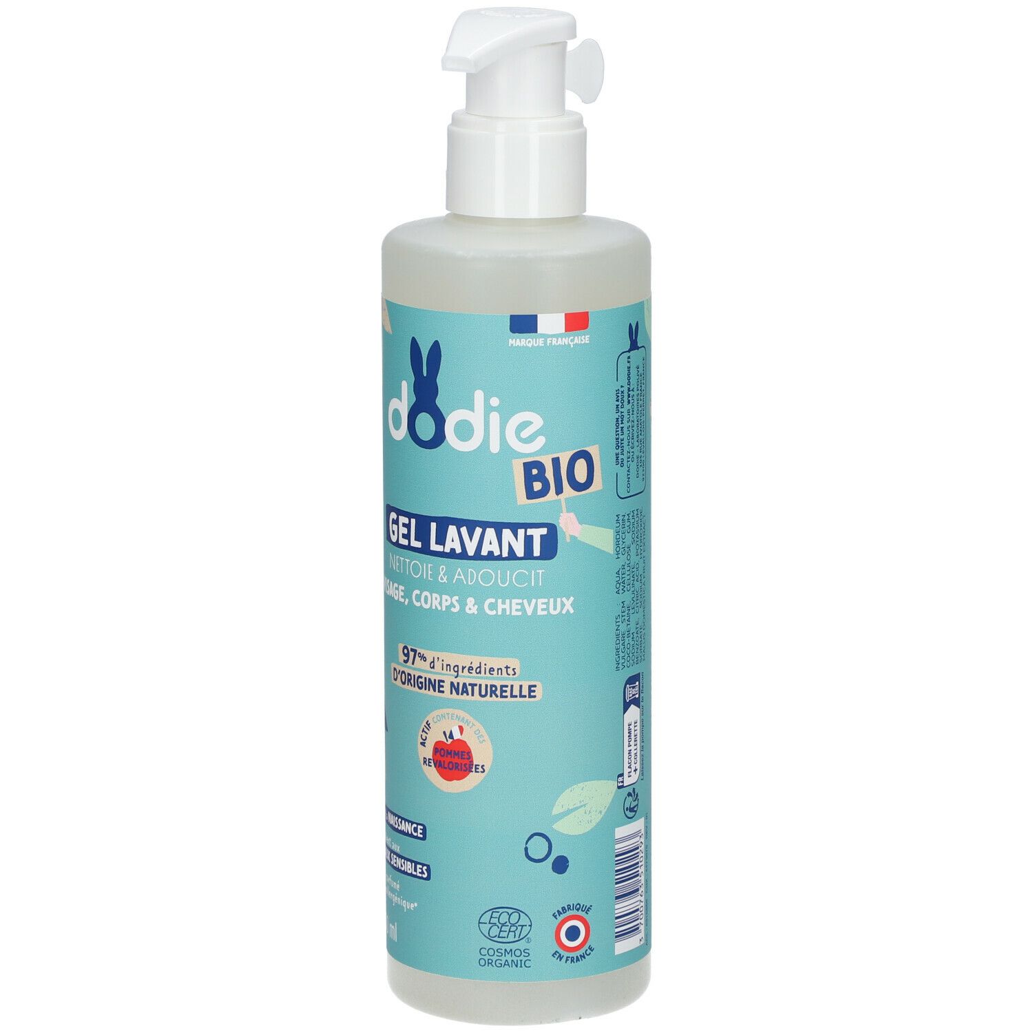 Flacon de gel lavant Dodie Bio avec pompe. Emballage bleu clair avec informations et logo.