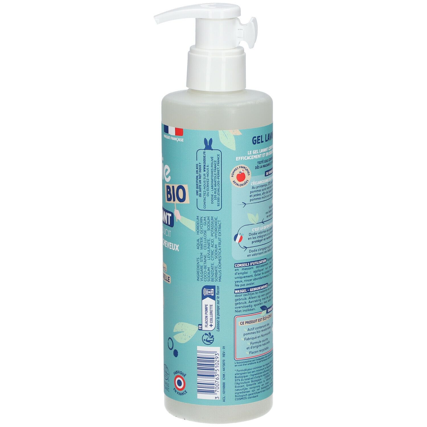 Dos du flacon de gel lavant Dodie Bio. Emballage bleu clair avec informations et logo.