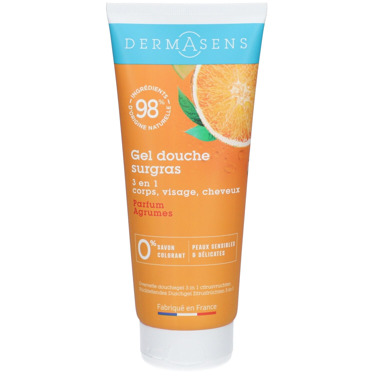 Orangefarbene Tube. "DermAsens" und "Gel douche surgras" Schriftzug. Abbildung einer Orange. "98% Inhaltsstoffe natürlichen Ursprungs".