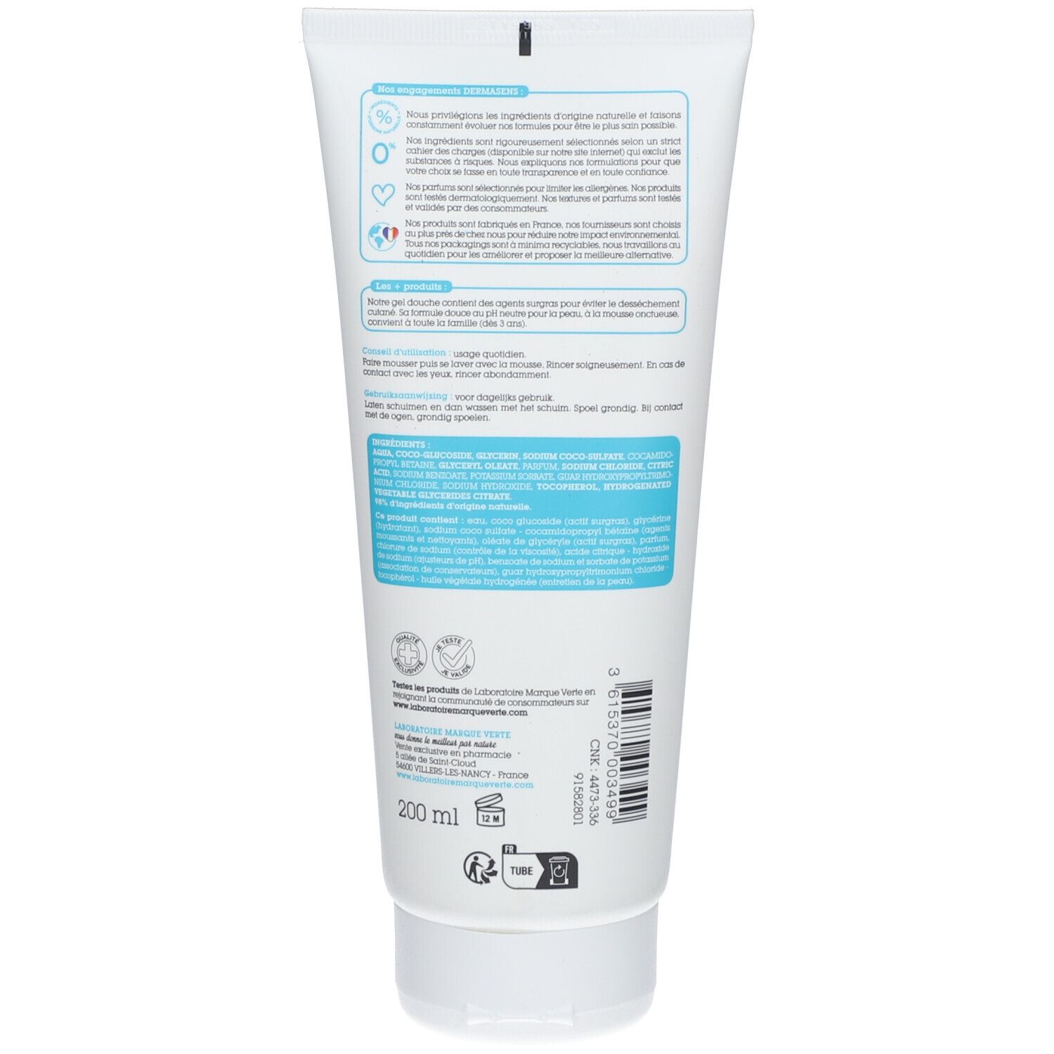 Rückseite einer Tube. Text in mehreren Sprachen. Inhaltsstoffe und Informationen zur Herstellung. 200 ml.