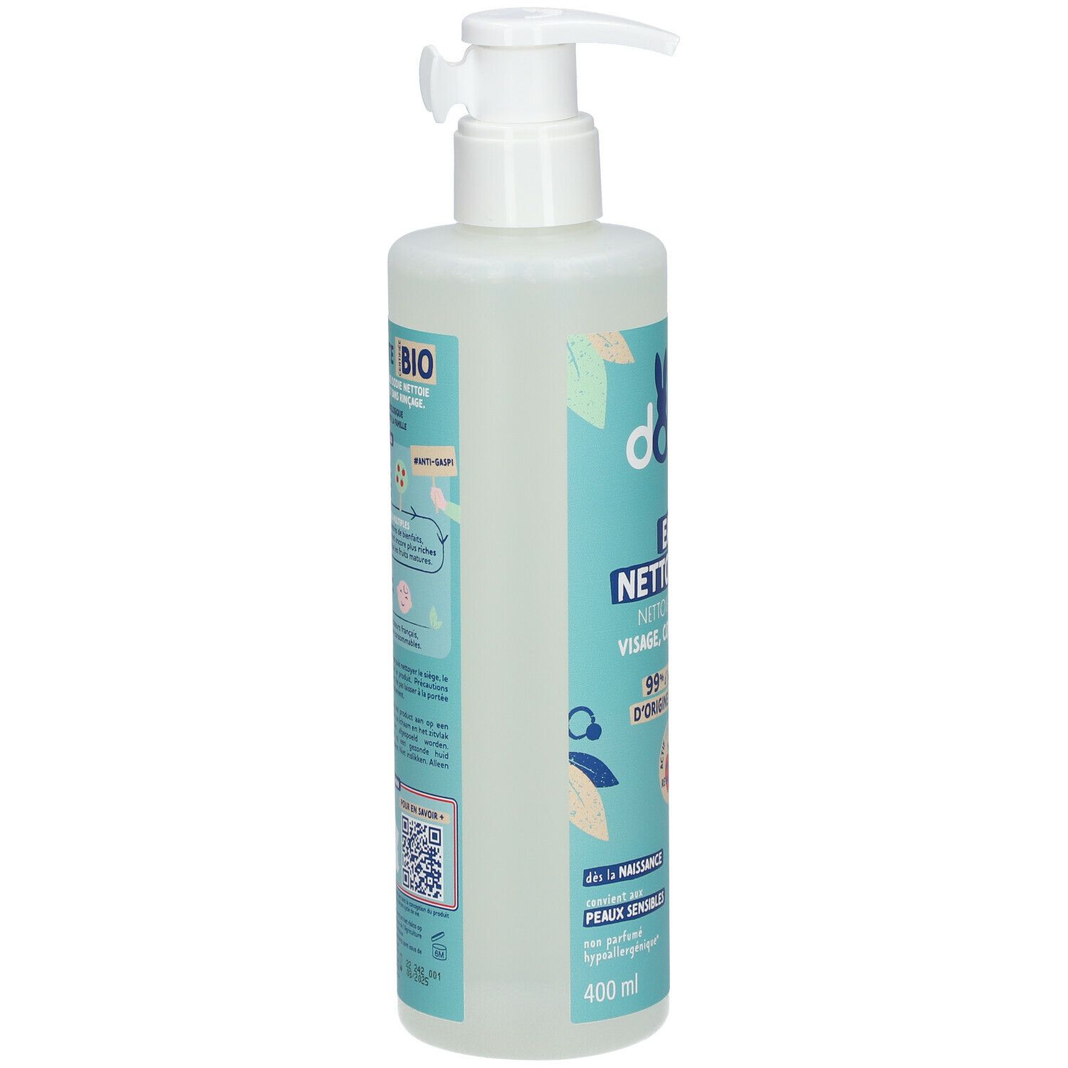 Flacon d'eau nettoyante avec pompe doseuse. Étiquette turquoise avec informations produit et code QR. Contient 400 ml.