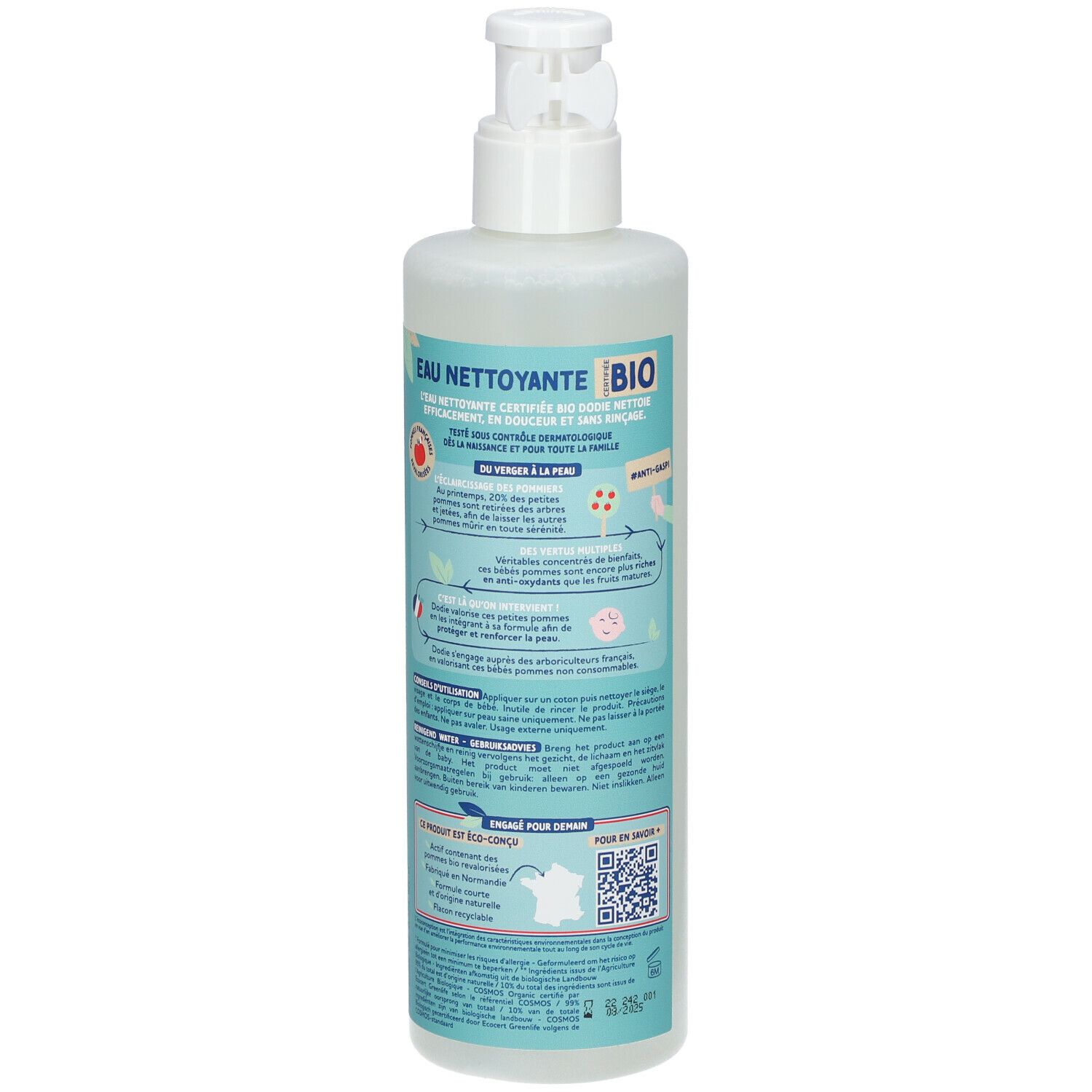Dos d'un flacon d'eau nettoyante. Étiquette turquoise avec informations produit, certifications et code QR. Contient 400 ml.