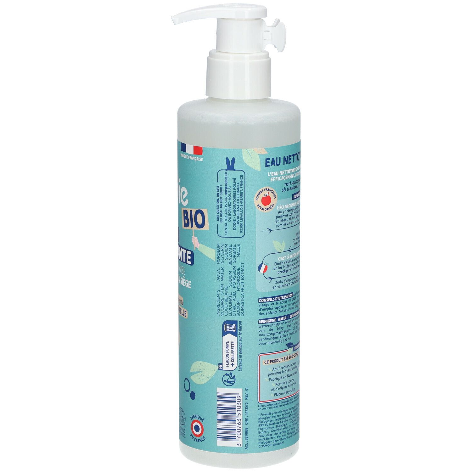 Dos d'un flacon d'eau nettoyante. Étiquette turquoise avec informations produit, certifications et code QR. Contient 400 ml.