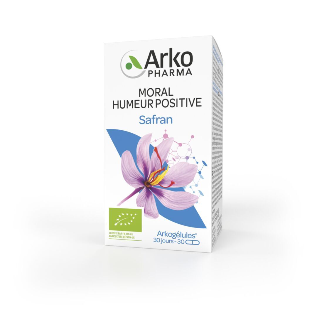 Emballage. Inscription: Arko Pharma, Moral-Humeur Positive, Safran. 30 gélules. Label bio.