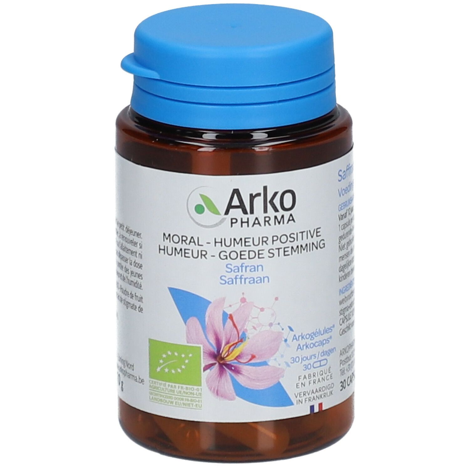 Braune Flasche mit blauer Kappe. Aufschrift: Arko Pharma, Moral-Humour Positive, Safran. Bio-Siegel.
