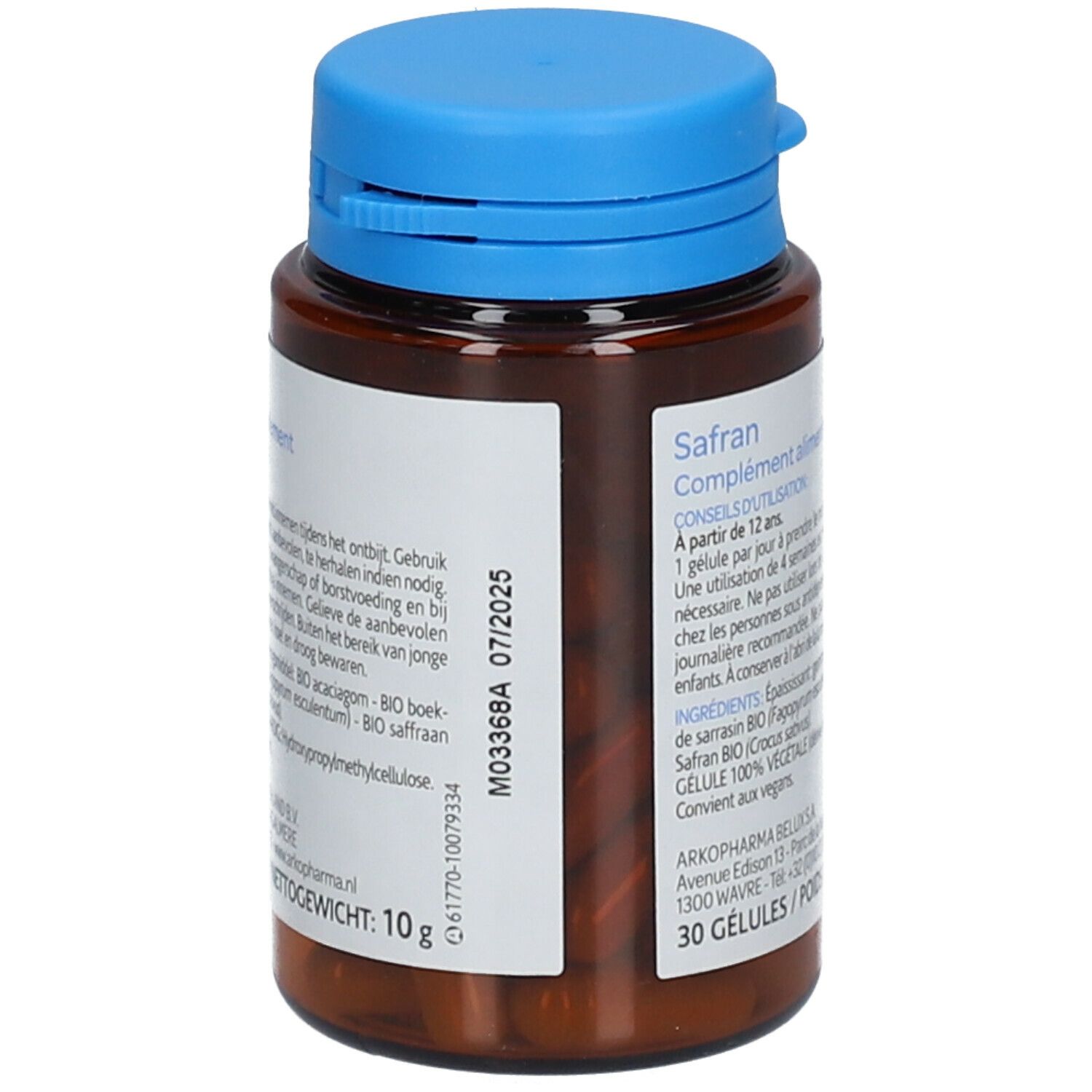 Rückseite der Flasche. Aufschrift: Safran, Nahrungsergänzungsmittel. Mindesthaltbarkeitsdatum 07/2025. 30 Kapseln.
