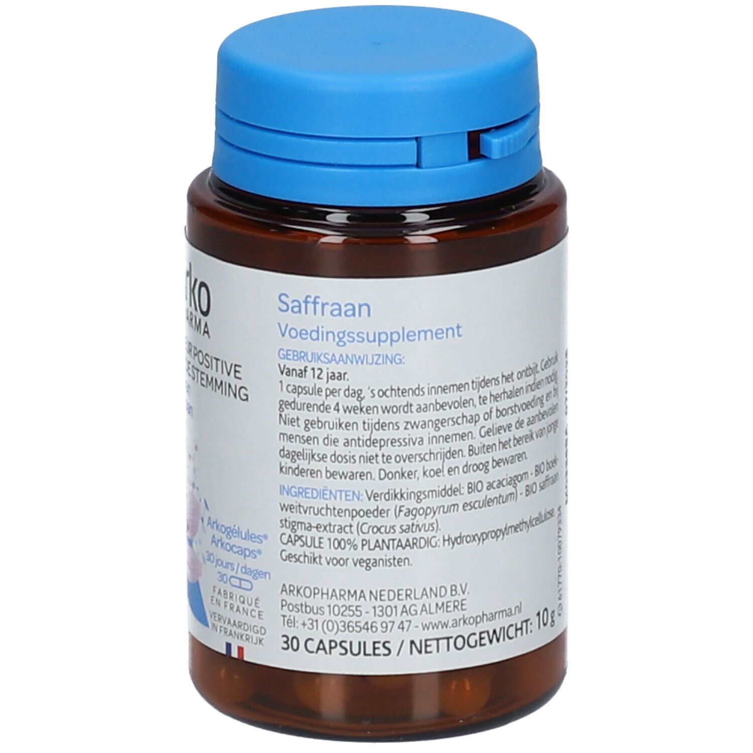 Rückseite der Flasche. Aufschrift: Safran, Nahrungsergänzungsmittel. 30 Kapseln. Herstellerinformationen.
