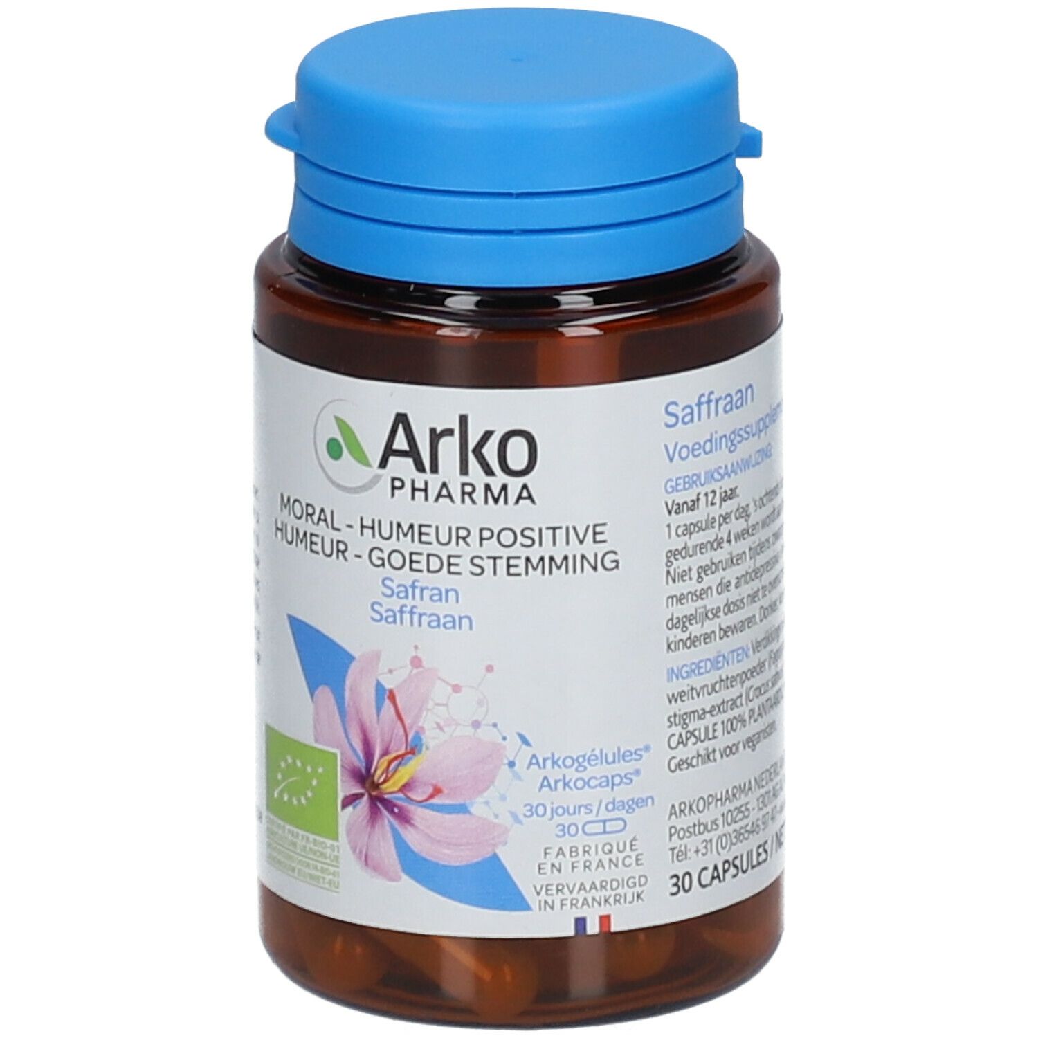 Braune Flasche mit blauer Kappe. Aufschrift: Arko Pharma, Moral-Humour Positive, Safran. 30 Kapseln.