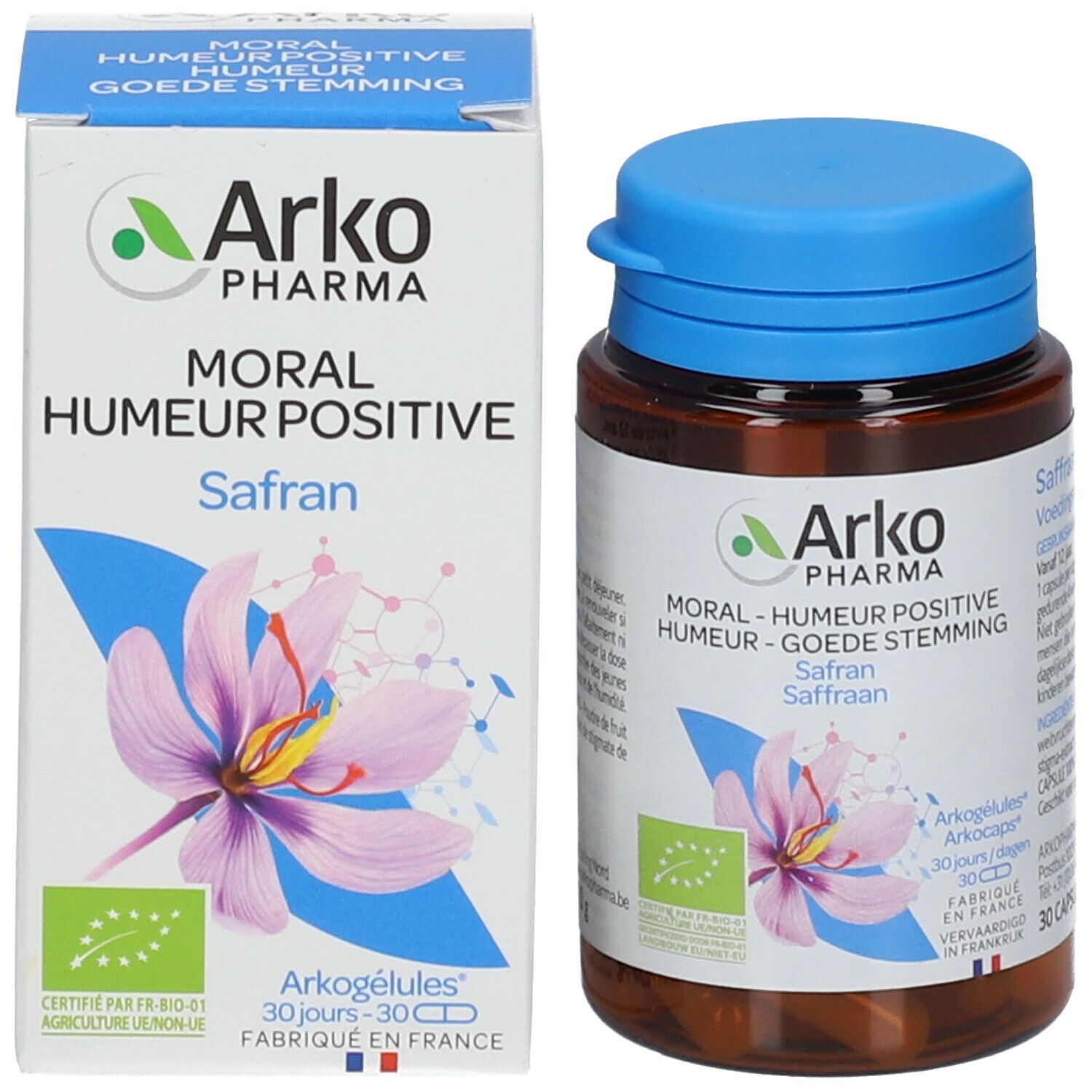 Produktverpackung und Flasche. Aufschrift: Arko Pharma, Moral-Humour Positive, Safran. 30 Kapseln. Bio-Siegel.