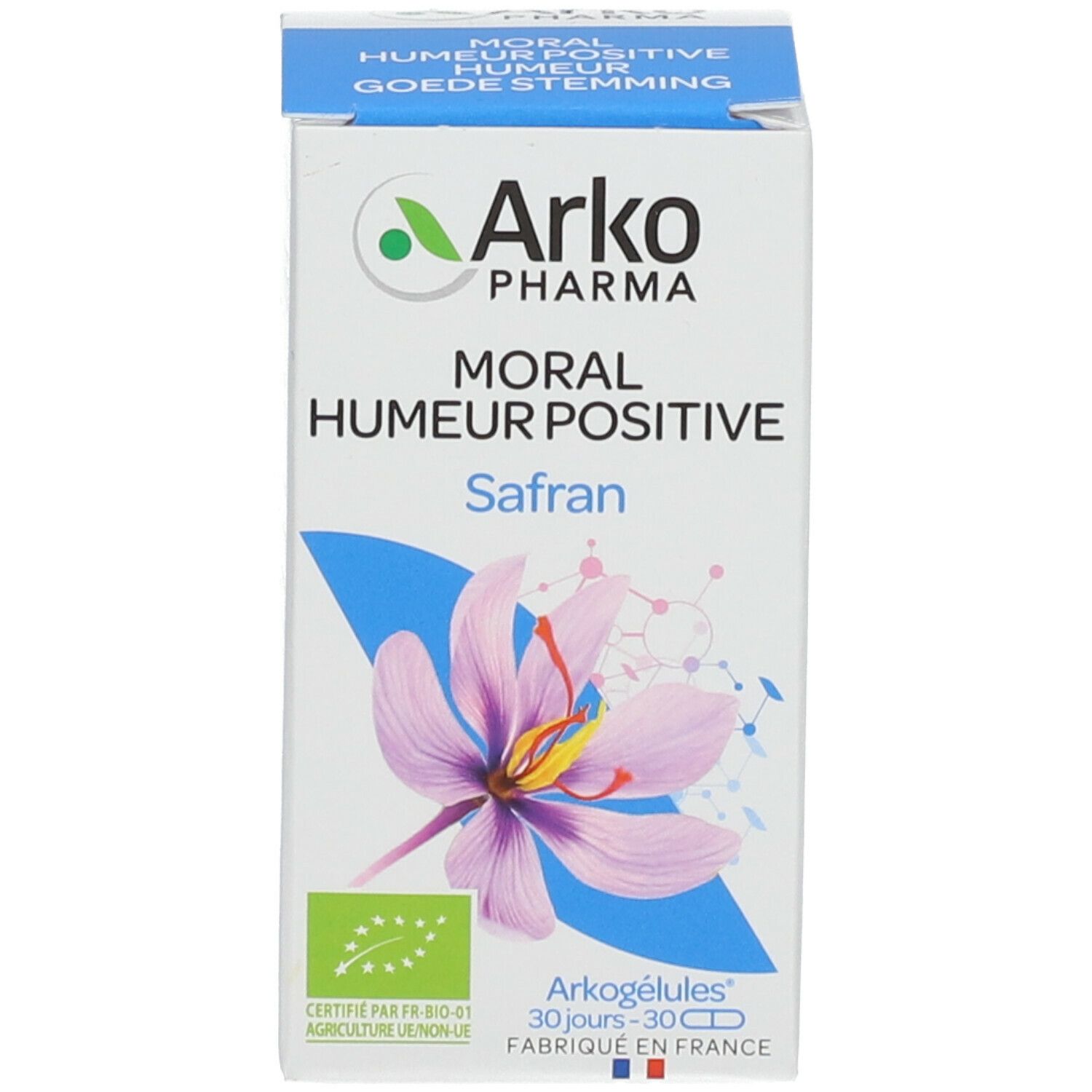 Produktverpackung. Aufschrift: Arko Pharma, Moral-Humour Positive, Safran. 30 Kapseln. Bio-Siegel.