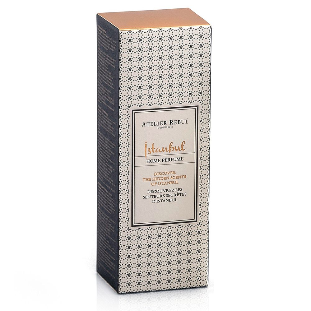 ATELIER REBUL Istanbul Home Parfüm-Verpackung. Hohe, rechteckige Schachtel mit Muster und Produktinformationen.
