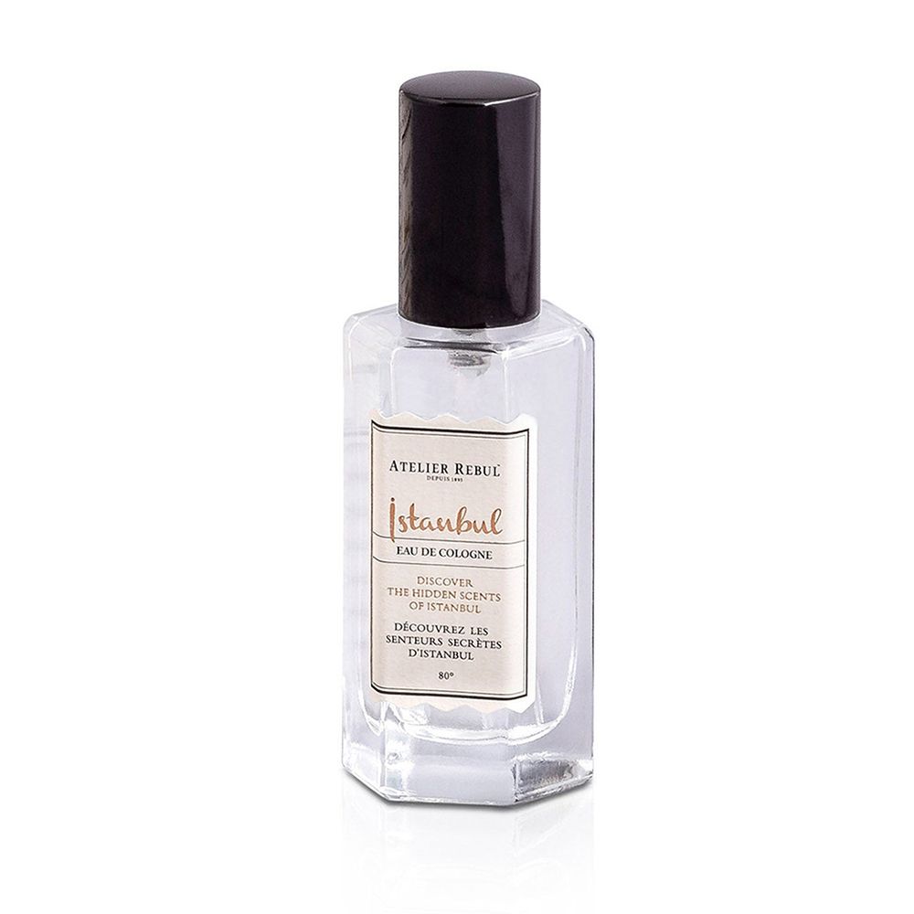 ATELIER REBUL® Istanbul Eau de Cologne. Fles met zwarte dop. Opschrift: Istanbul, Eau de Cologne.