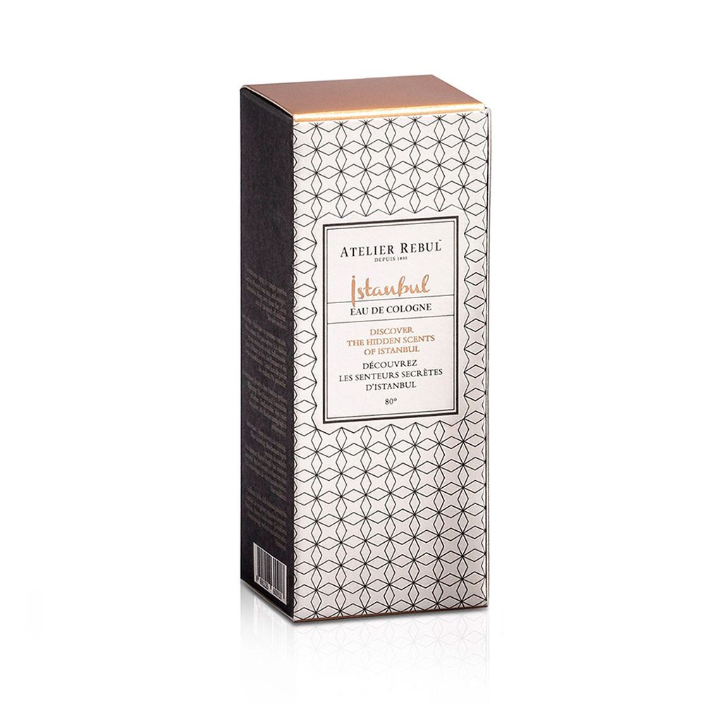 ATELIER REBUL® Istanbul Eau de Cologne. Verpakking met geometrisch patroon. Opschrift: Istanbul, Eau de Cologne.