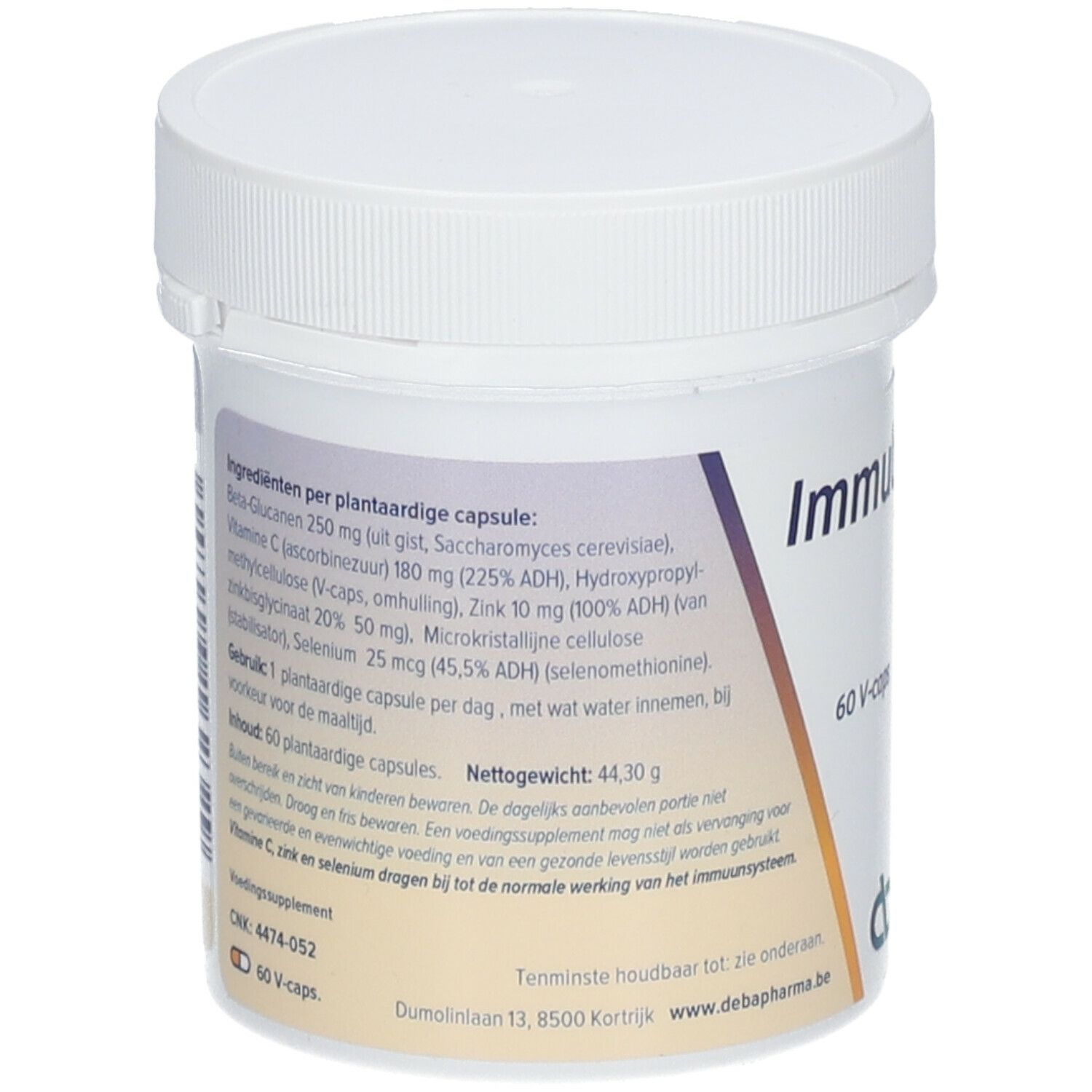 Achterkant van de witte pot. Ingrediëntenlijst, gebruiksaanwijzing. Opschrift: Immutonine, 60 V-caps.