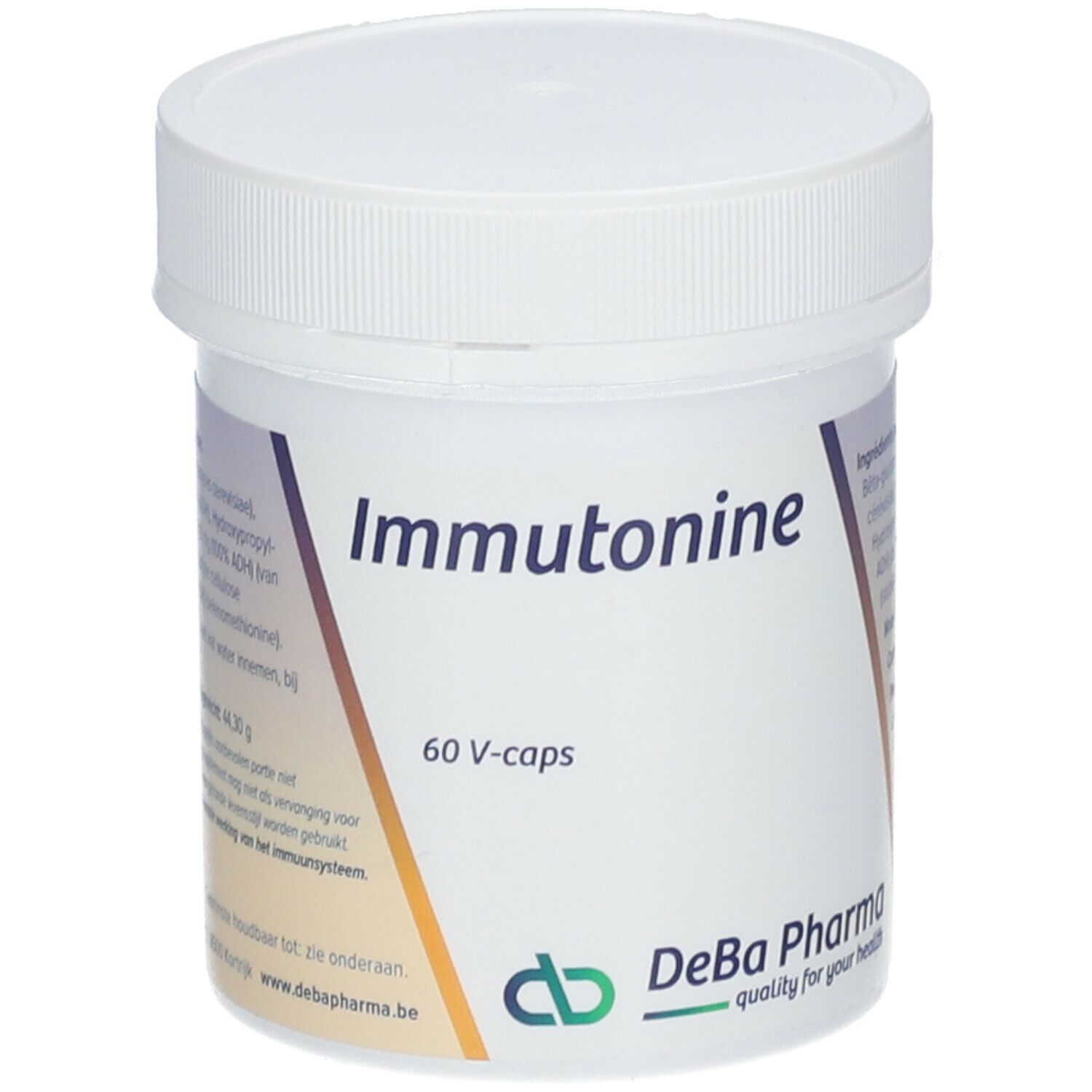 Witte pot met deksel. Opschrift: Immutonine, 60 V-caps. Logo DeBa Pharma.