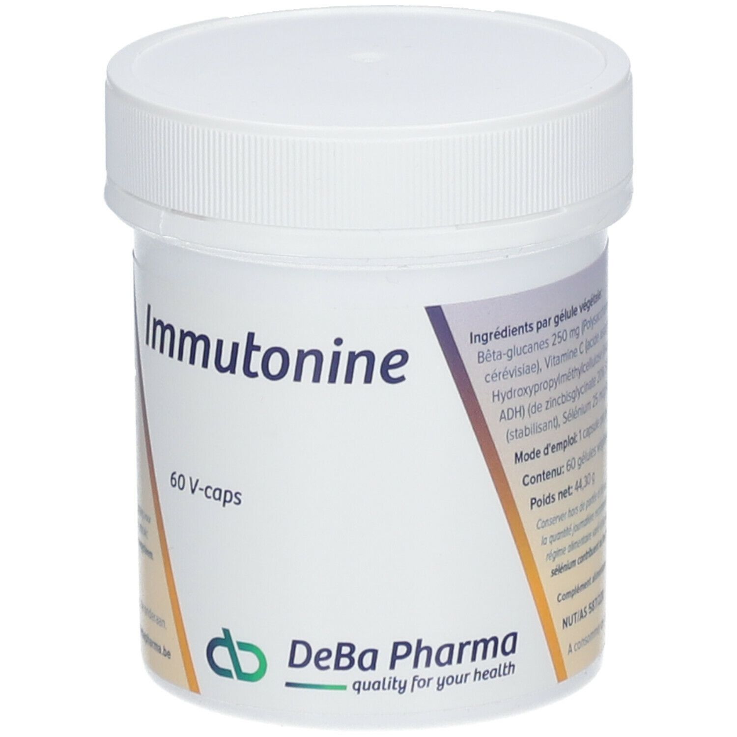 Witte pot met deksel. Opschrift: Immutonine, 60 V-caps. Logo DeBa Pharma.