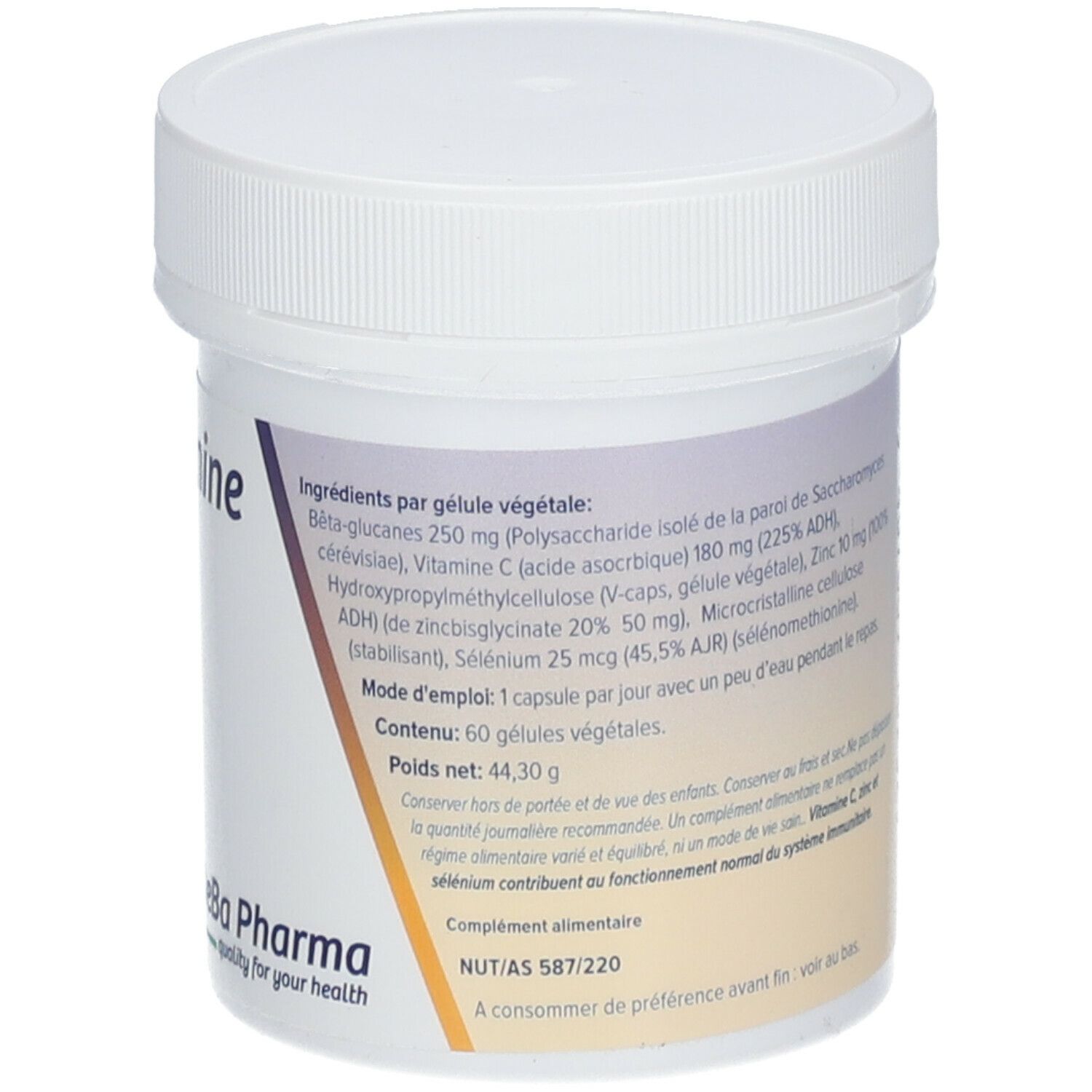 Achterkant van de witte pot. Ingrediëntenlijst, gebruiksaanwijzing. Opschrift: Immutonine, 60 V-caps.