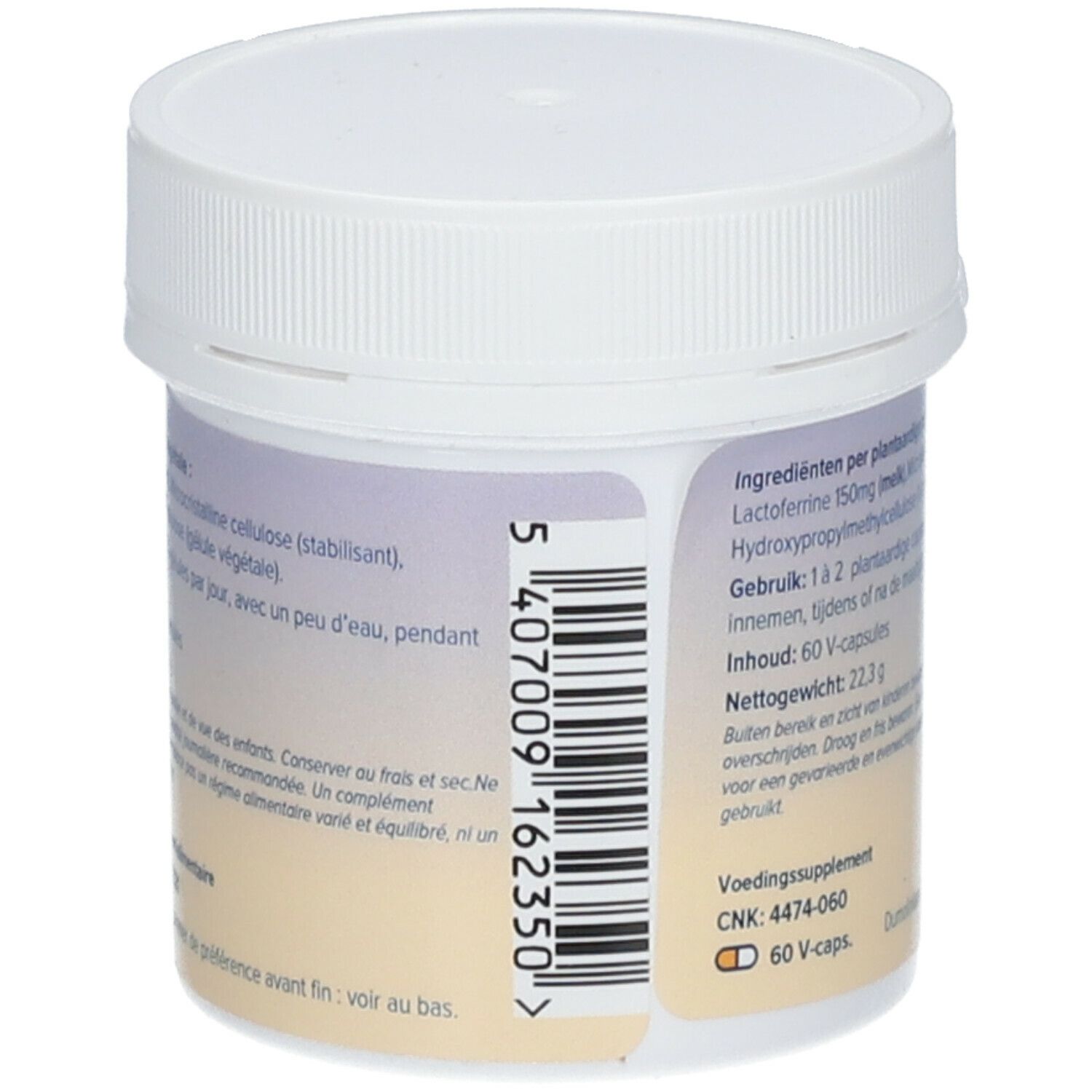Witte pot met barcode en tekst. Bevat informatie over ingrediënten, gebruik en fabrikant.