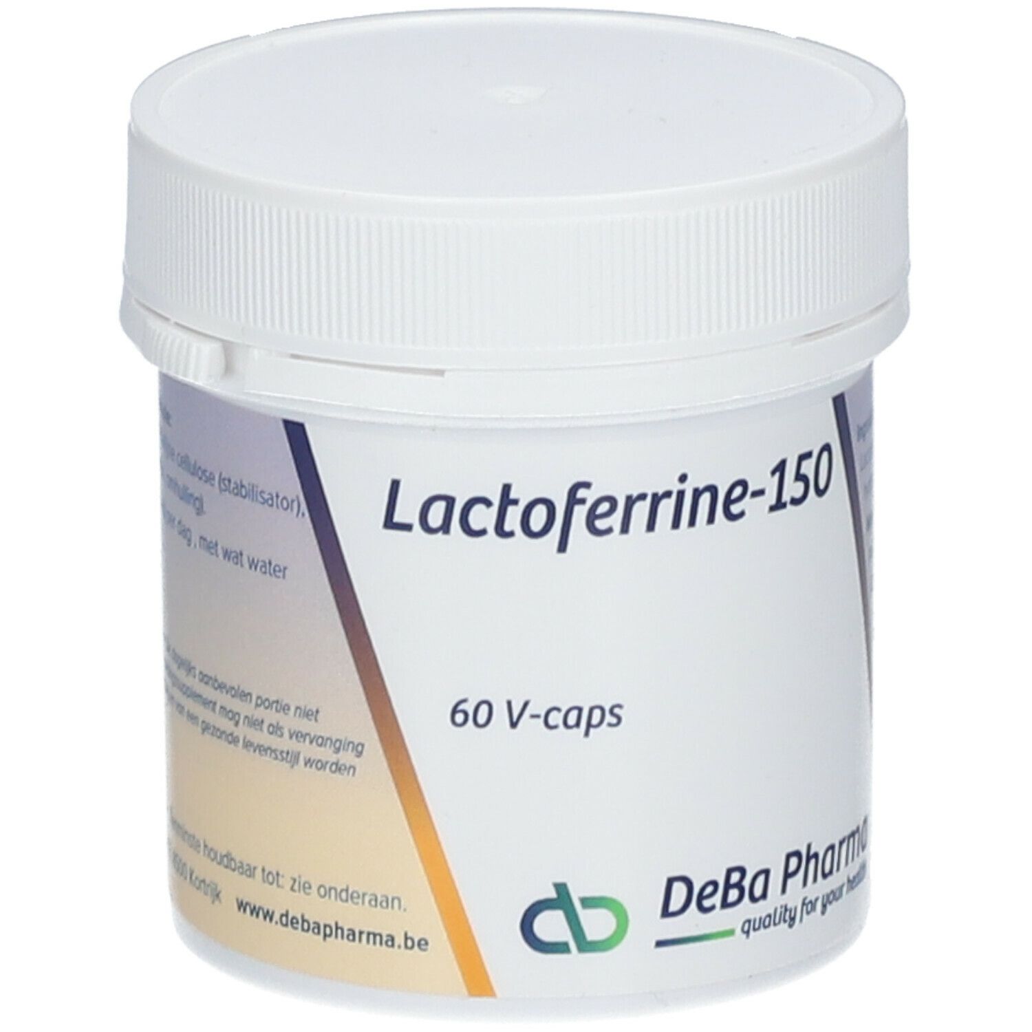 Witte pot met deksel. Opschrift Lactoferrine-150, 60 V-caps en DeBa Pharma logo.