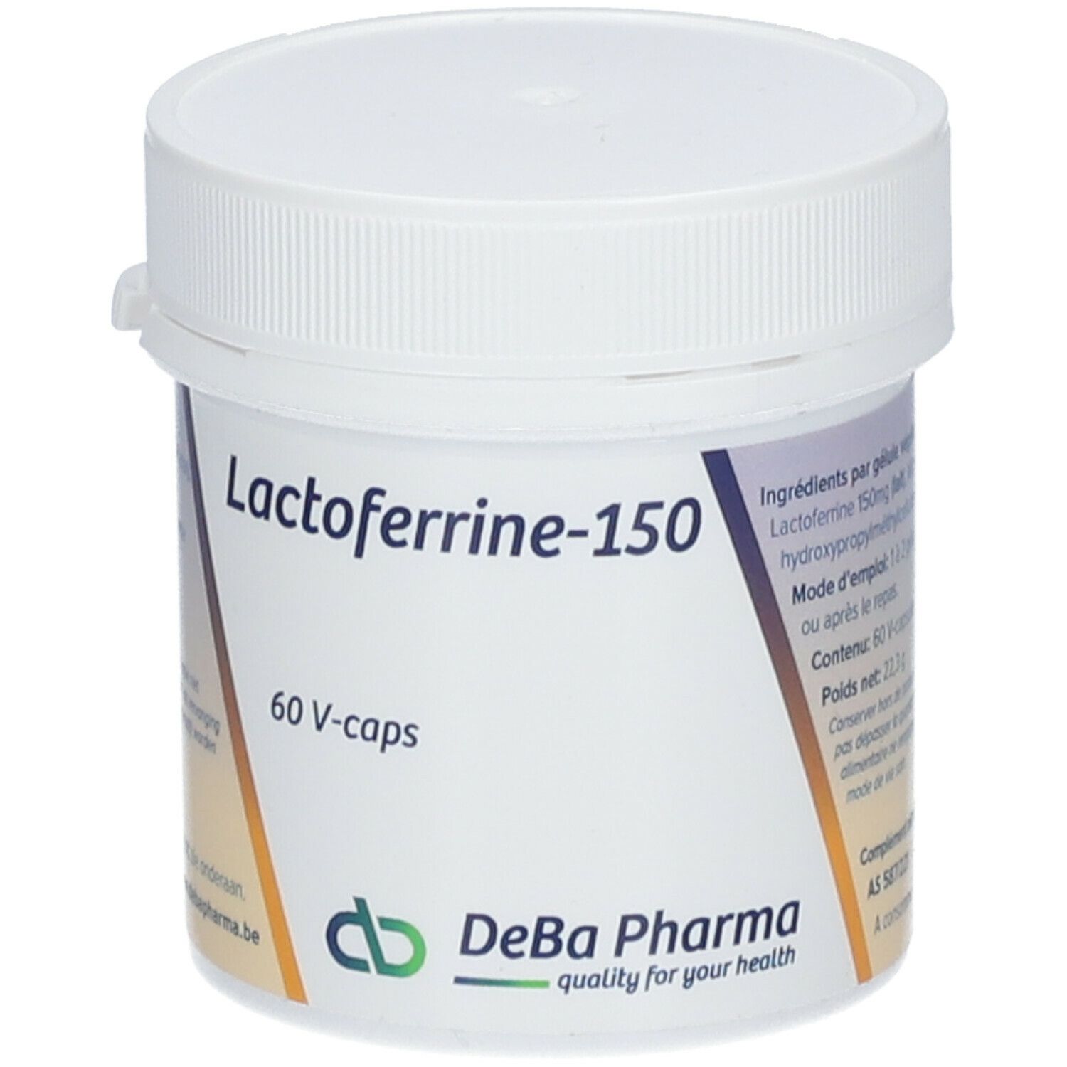 Witte pot met deksel. Opschrift Lactoferrine-150, 60 V-caps en DeBa Pharma logo.