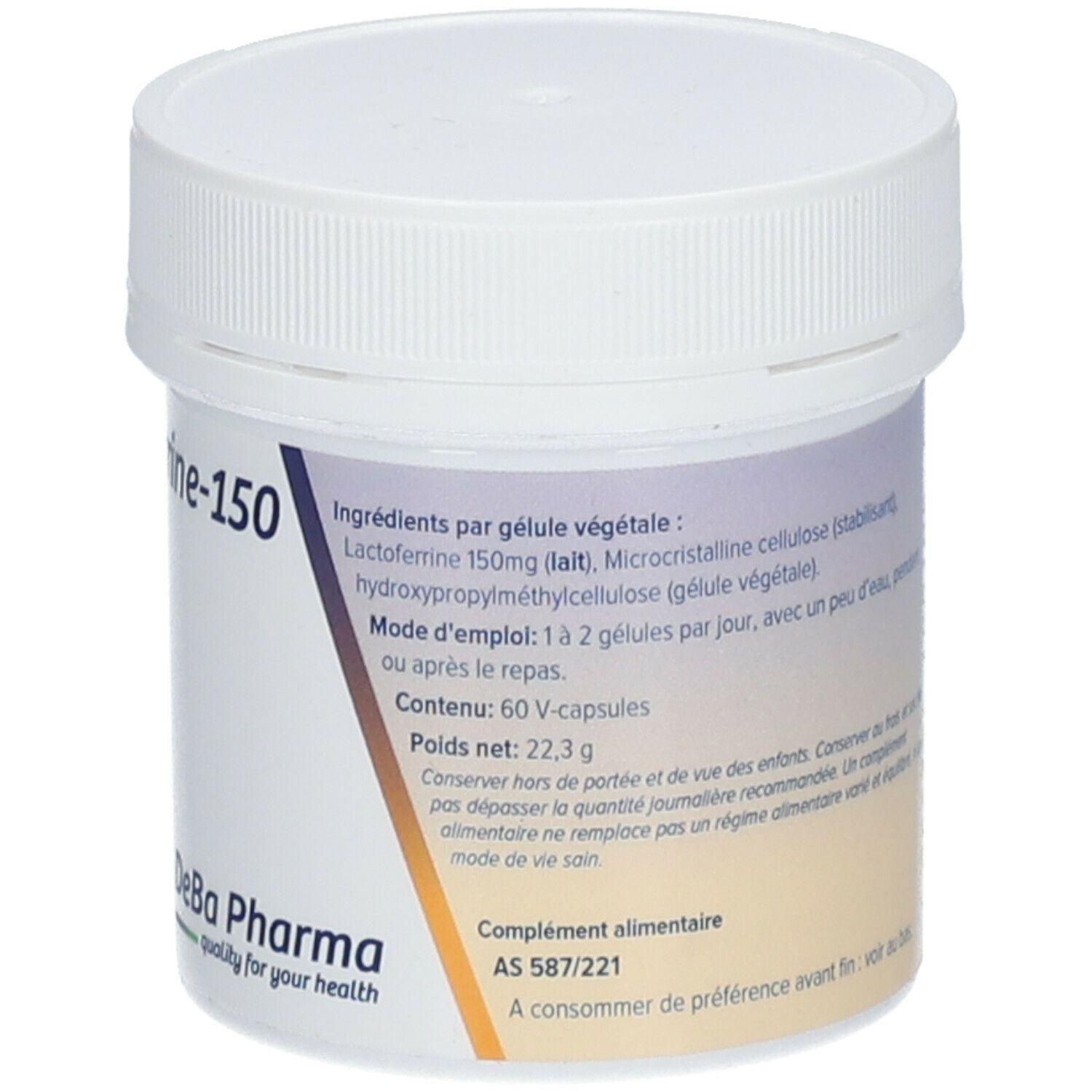 Witte pot met deksel. Opschrift Lactoferrine-150, 60 V-caps en DeBa Pharma logo.