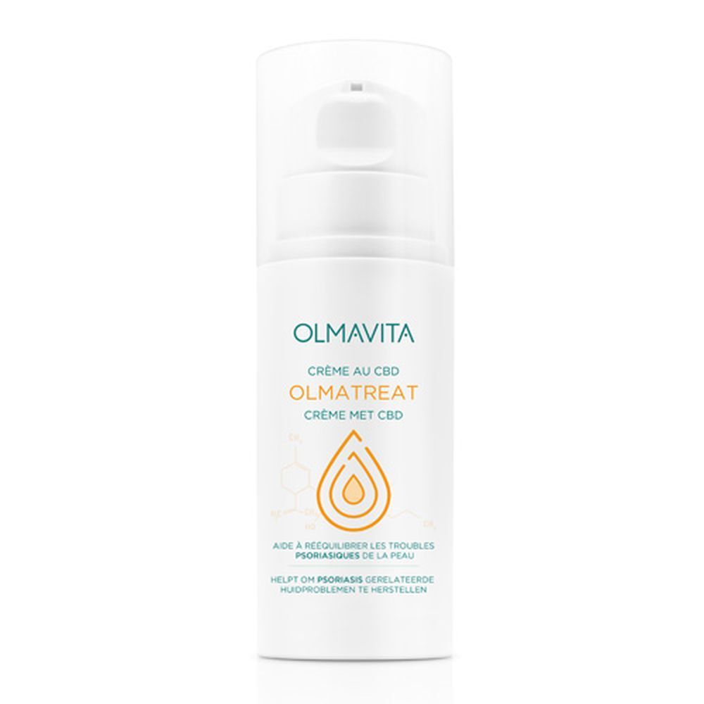 Weiße Flasche mit Dosierpumpe. Aufschrift: OLMAVITA, OLMATREAT, Crème au CBD. Orangefarbenes Logo.