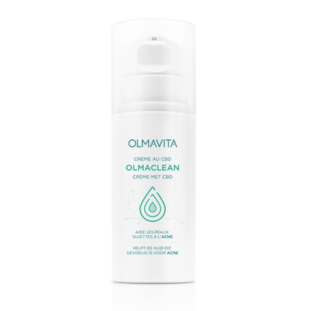 Weiße Flasche mit Pumpaufsatz. Aufschrift: OLMAVITA, OLMACLEAN, Crème au CBD. Hilft bei Akne.