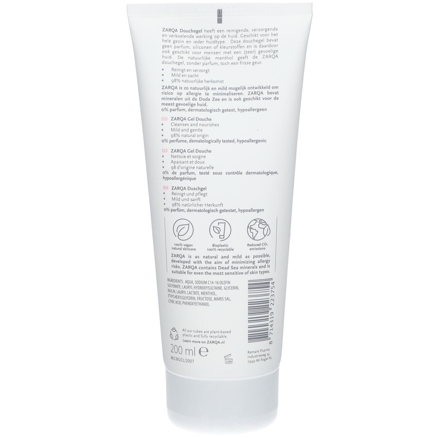 Rückseite Zarqa Duschgel Sensitive Tube mit Produktinformationen.