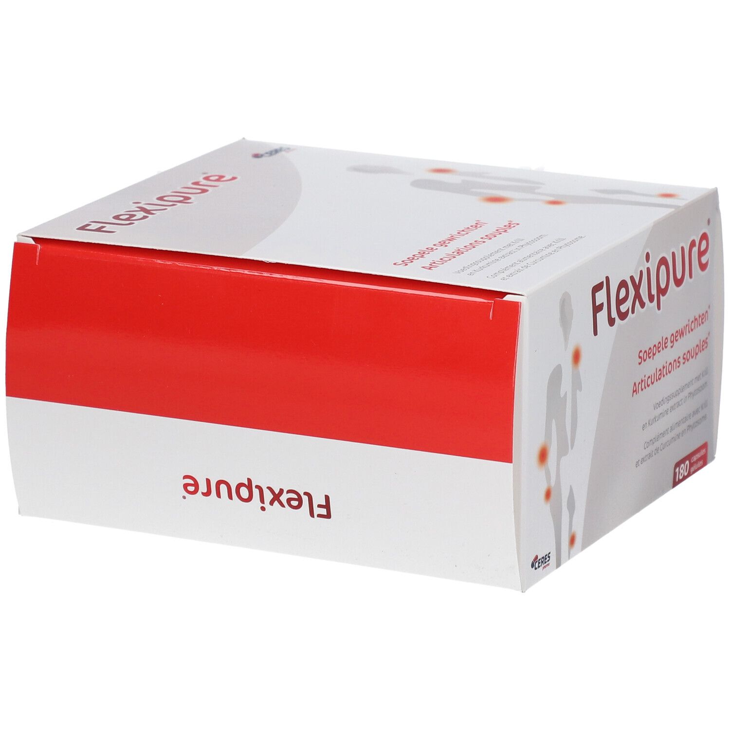 Boîte FlexiPure, blanche et rouge. Inscription FlexiPure. Texte en néerlandais. Illustration d'un corps. Vue de côté.