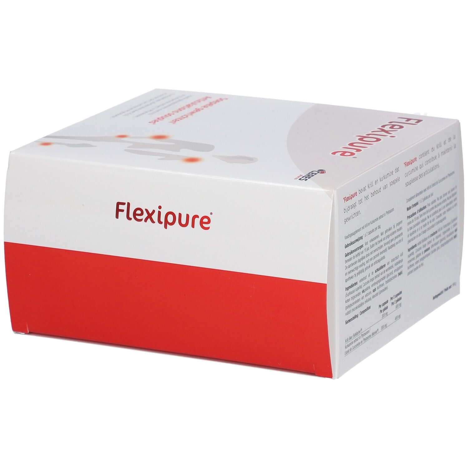 Boîte FlexiPure, blanche et rouge. Inscription FlexiPure. Texte en néerlandais et français. Vue de détail.