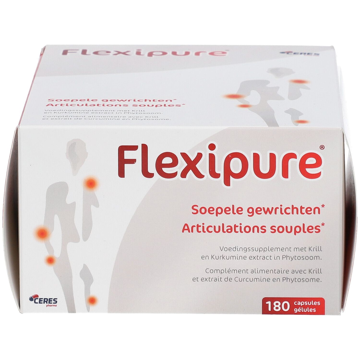 Boîte FlexiPure, blanche et rouge. Inscription FlexiPure, 180 gélules. Texte en néerlandais et français. Logo Ceres.
