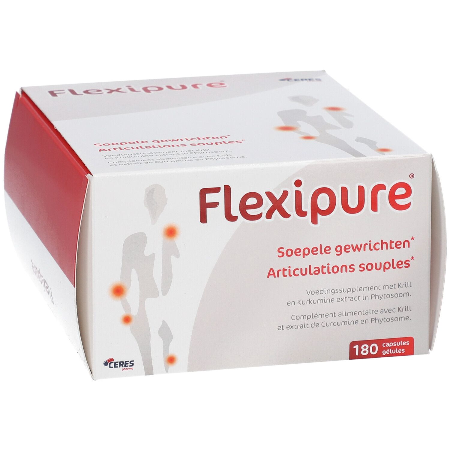 Boîte FlexiPure, blanche et rouge. Inscription FlexiPure, 180 gélules. Texte en néerlandais et français. Logo Ceres.