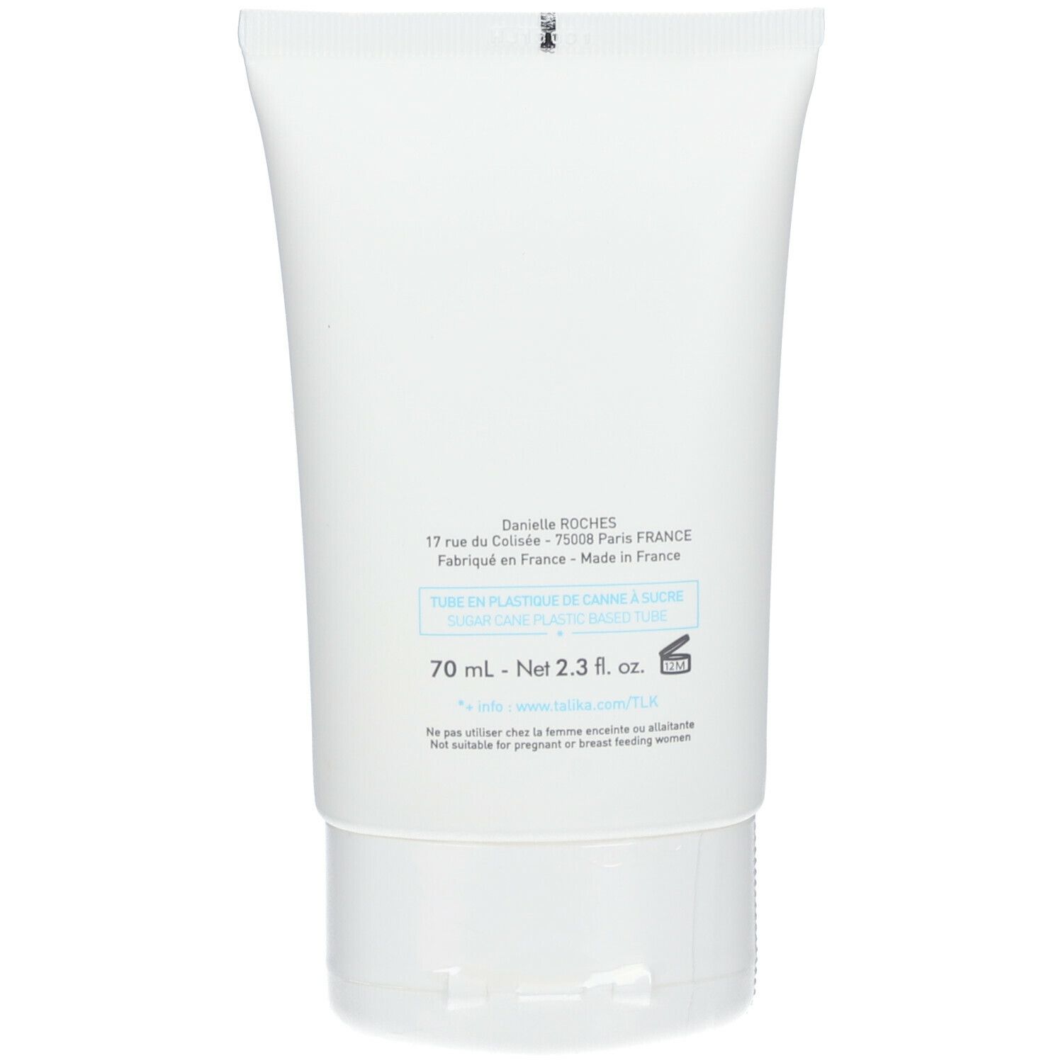 Achterkant van de witte tube. Tekst: Danielle ROCHES, 70 ml - Net 2.3 fl. oz. Niet geschikt voor vrouwen die borstvoeding geven.