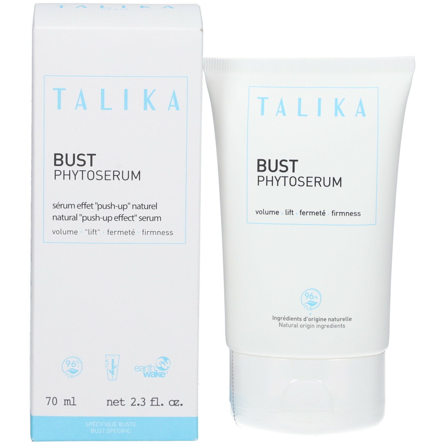 Verpakking en tube. Verpakking: wit met blauwe opdruk. Tube: wit met blauwe opdruk. Opschrift: TALIKA, BUST PHYTOSERUM.