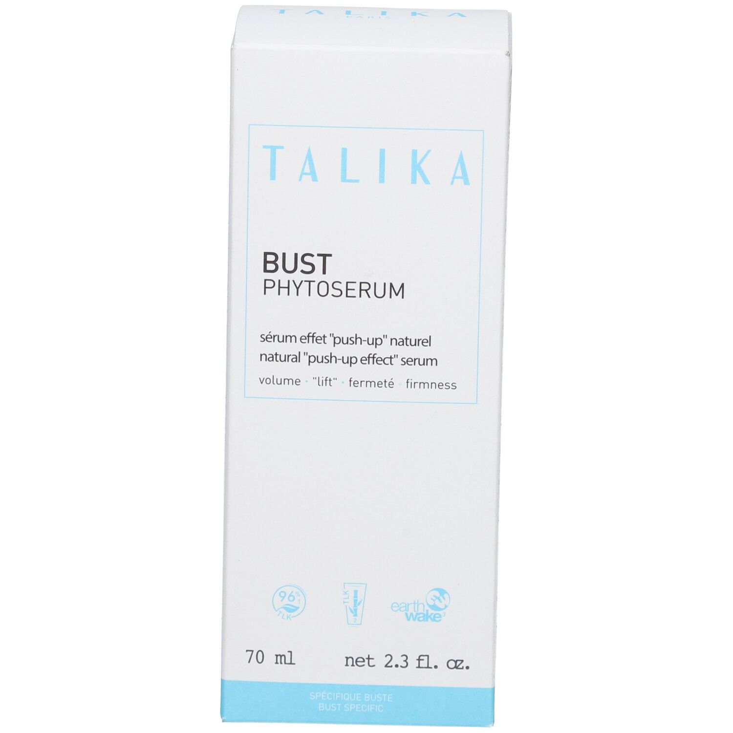 Witte verpakking met blauwe opdruk. Opschrift: TALIKA, BUST PHYTOSERUM. 70 ml, 2.3 fl. oz.