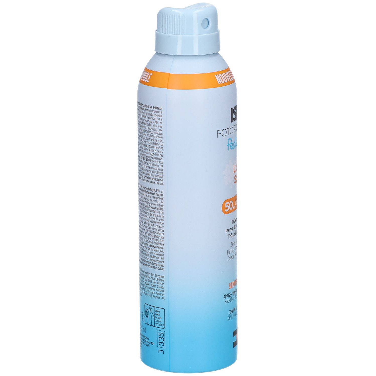 Rückseite der ISDIN Fotoprotector Pediatrics Lotion Spray Flasche. Text und Informationen.