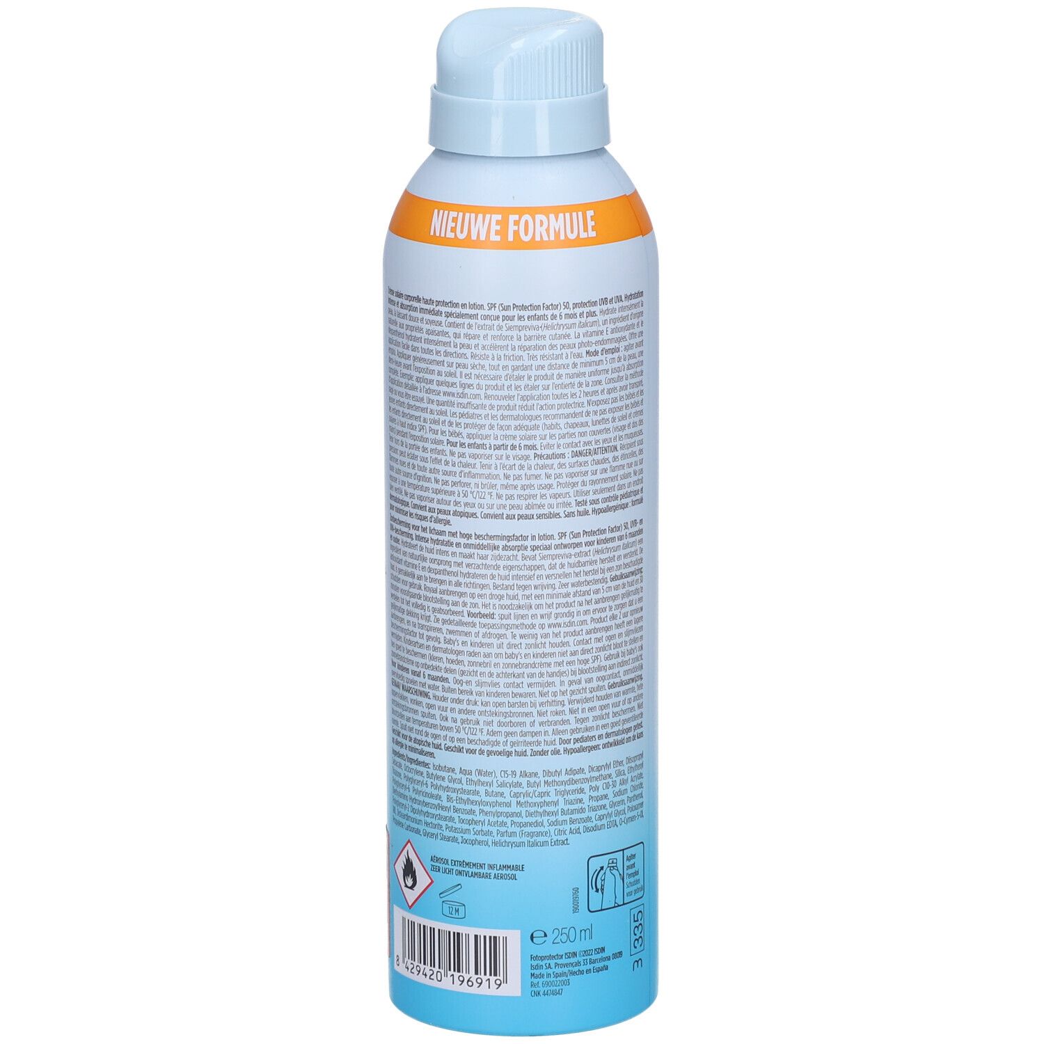 Rückseite der ISDIN Fotoprotector Pediatrics Lotion Spray Flasche. Text und Informationen.